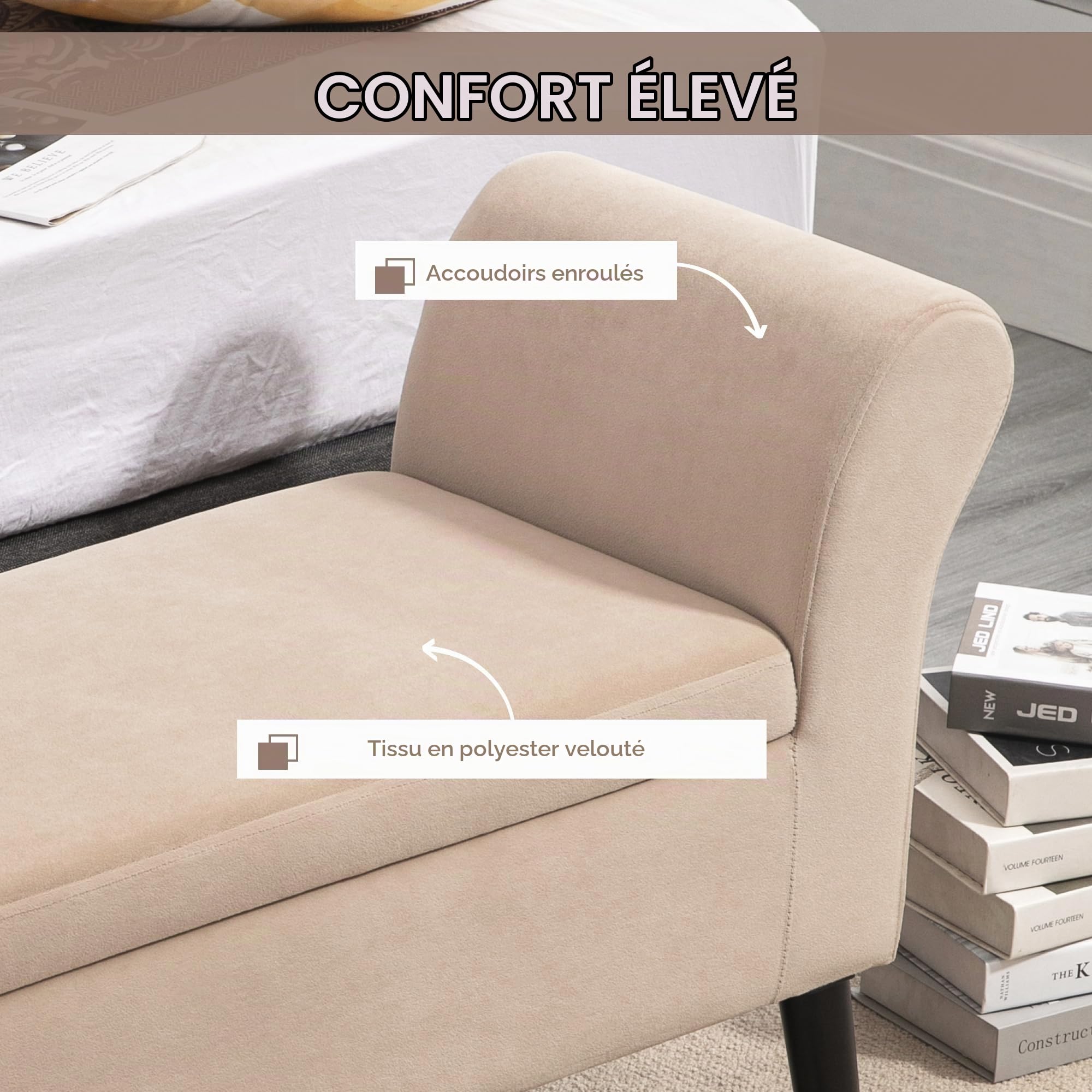 HOMCOM Banc de Rangement Aspect Velours 111,5x41x65cm, Beige