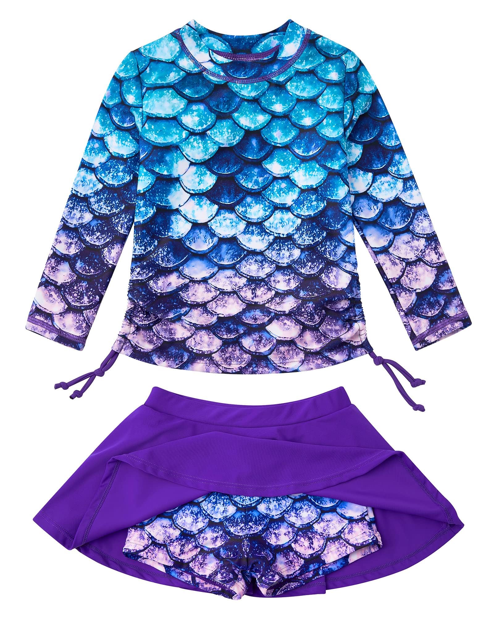 swimsobo Girls Swimsuit Rash Guard Long Sleeve Bathing Suit Two Piece Swimwear Swimming Skirt with Shorts 3-12T