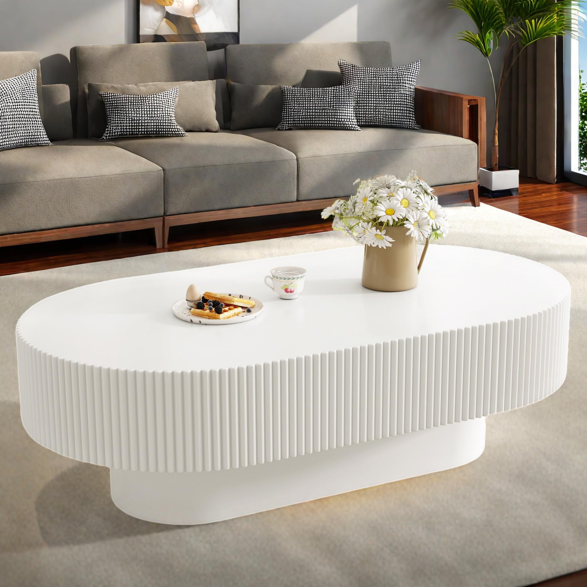 Modern Oval Coffee Table 43.3 Inch Wide, Cream Fluted Drum Accent Table with Thick 6.8" Top & Sturdy Base, White