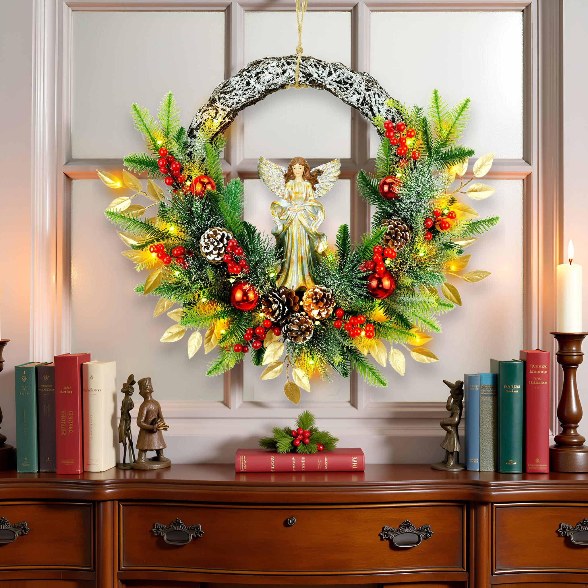 YULETIME 61 cm Engel Weihnachtskranz Künstlicher Urlaubskranz mit Harzengel Statue Natürlicher Rattanring & Tannenzapfen Goldene Blätter Rote Kugeln Fichtenzweige (Angel) (Keine Lichter)