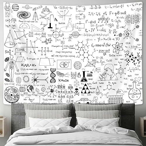 Miniatura 2 de SAOLUIS Tapiz de matemáticas, tapiz educativo para aula, tapiz de fórmulas científicas, tapiz blanco y negro para colgar en la pared para