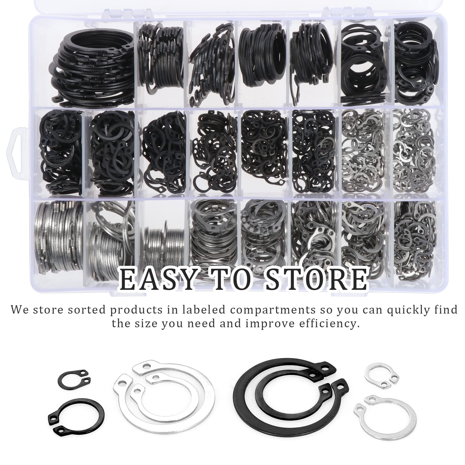 HSEAMALL Kit surtido de anillos de retención externos, juego de clips en C en ejes ranurados, pines, pernos (760 clips C negro + plateado)