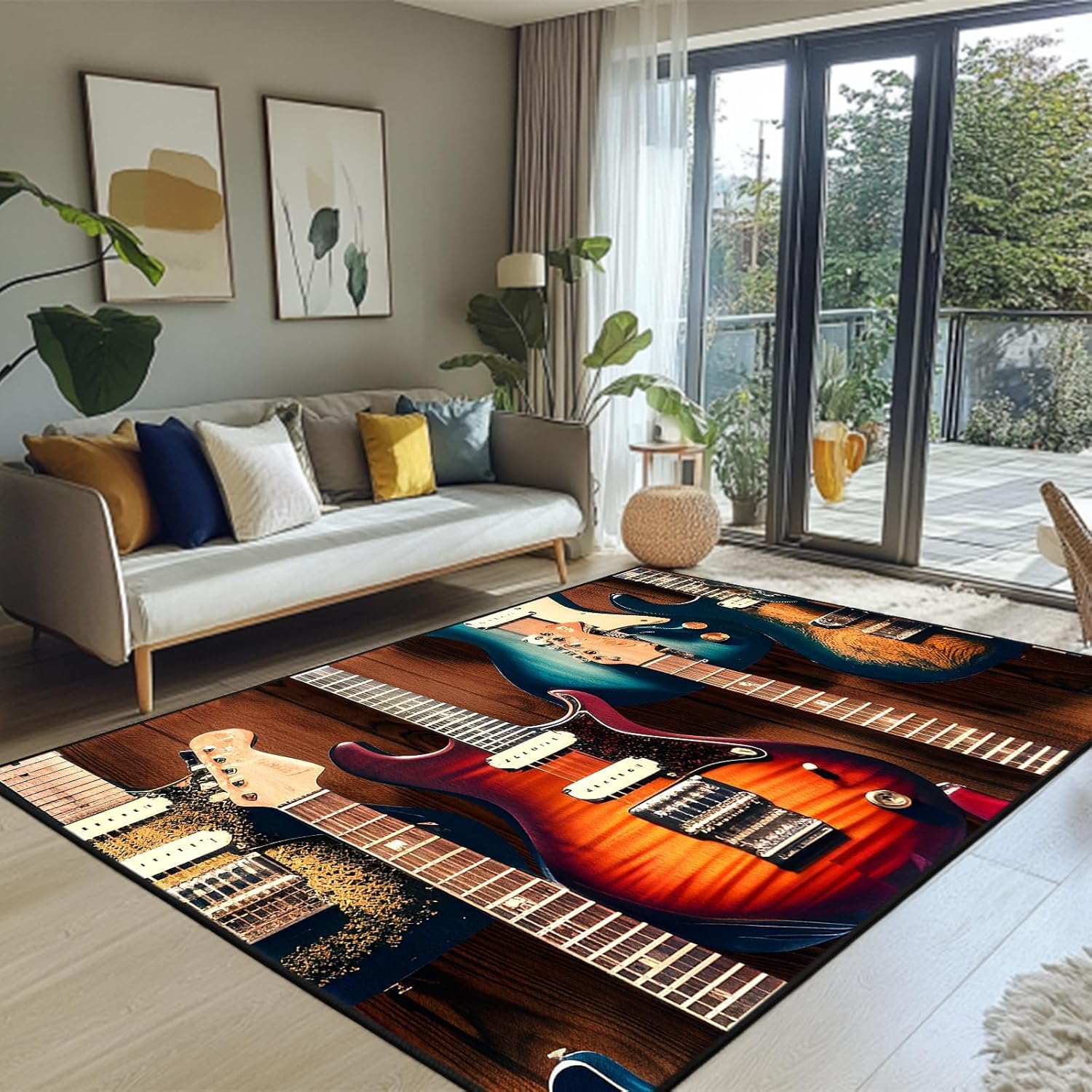 keepcute Guitar Area Rug Musical Rugs Non-Slip Floor Rock Electric Guitar Pattern Carpet for Living Room Bedroom Music Room, Home Decor 5' x 7'