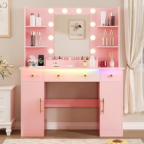 Miniatura 8 de Escritorio de tocador con espejo y luces, tocador de maquillaje rosa con estación de carga y taburete de tocador, 3 cajones y gabinetes, espejo de