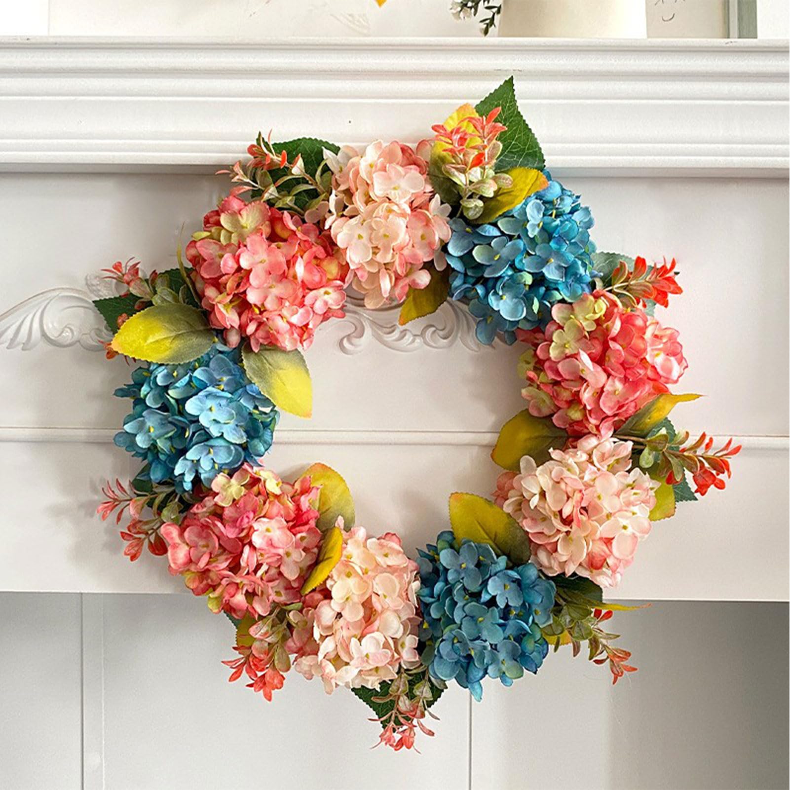 Ghirlanda Primaverile Artificiale 50 Cm Con Peonie Bianche, Ortensie E Foglie Di Eucalipto – Per Porta, Parete, Matrimoni