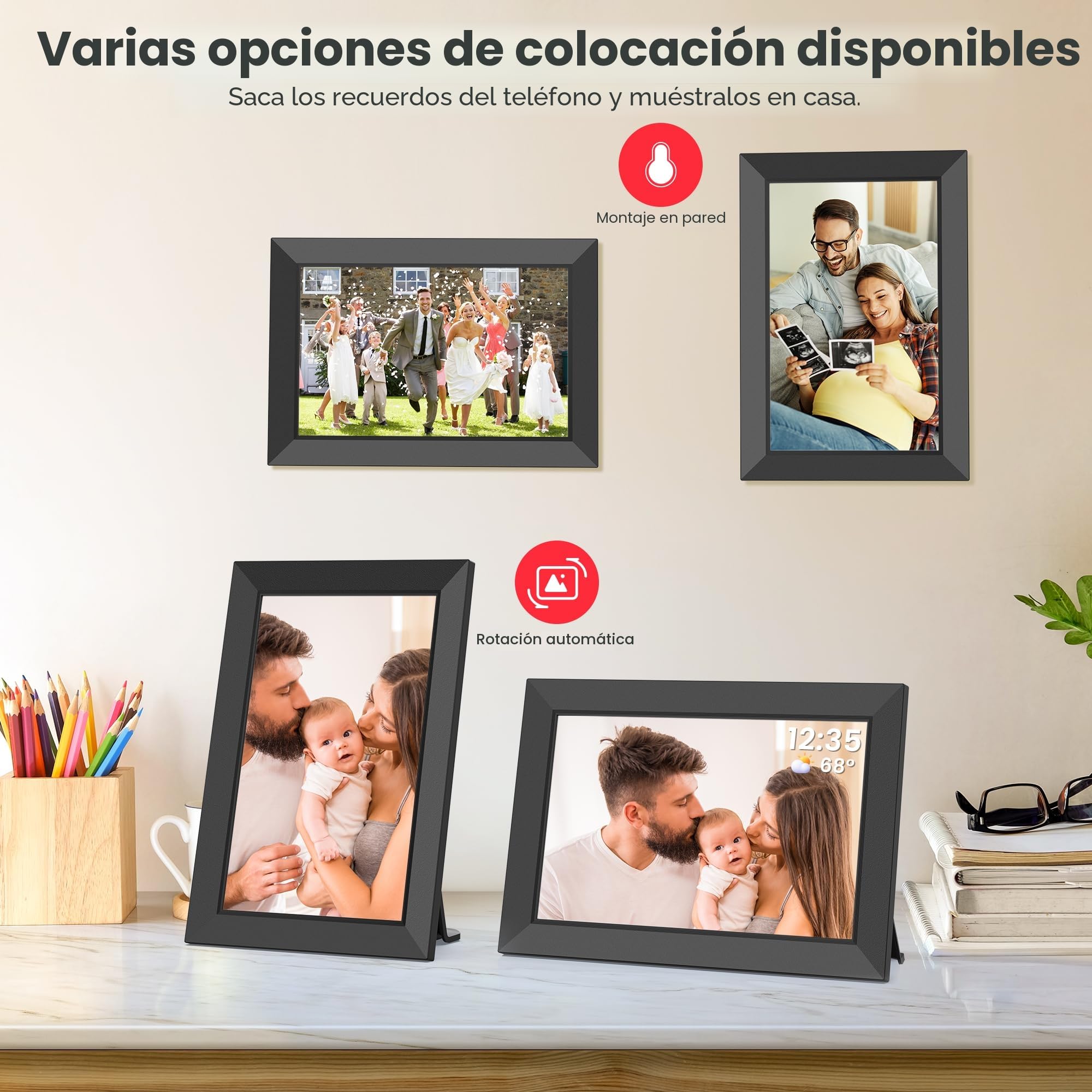 Frameo Marco de Fotos Digital WiFi 10.1 Pulgadas, Memoria Incorporada 32GB, HD 1280x800 IPS, Pantalla Táctil para Fotos/Videos, Soporte Multilingüe, Rotación Automática, Montaje en Pared