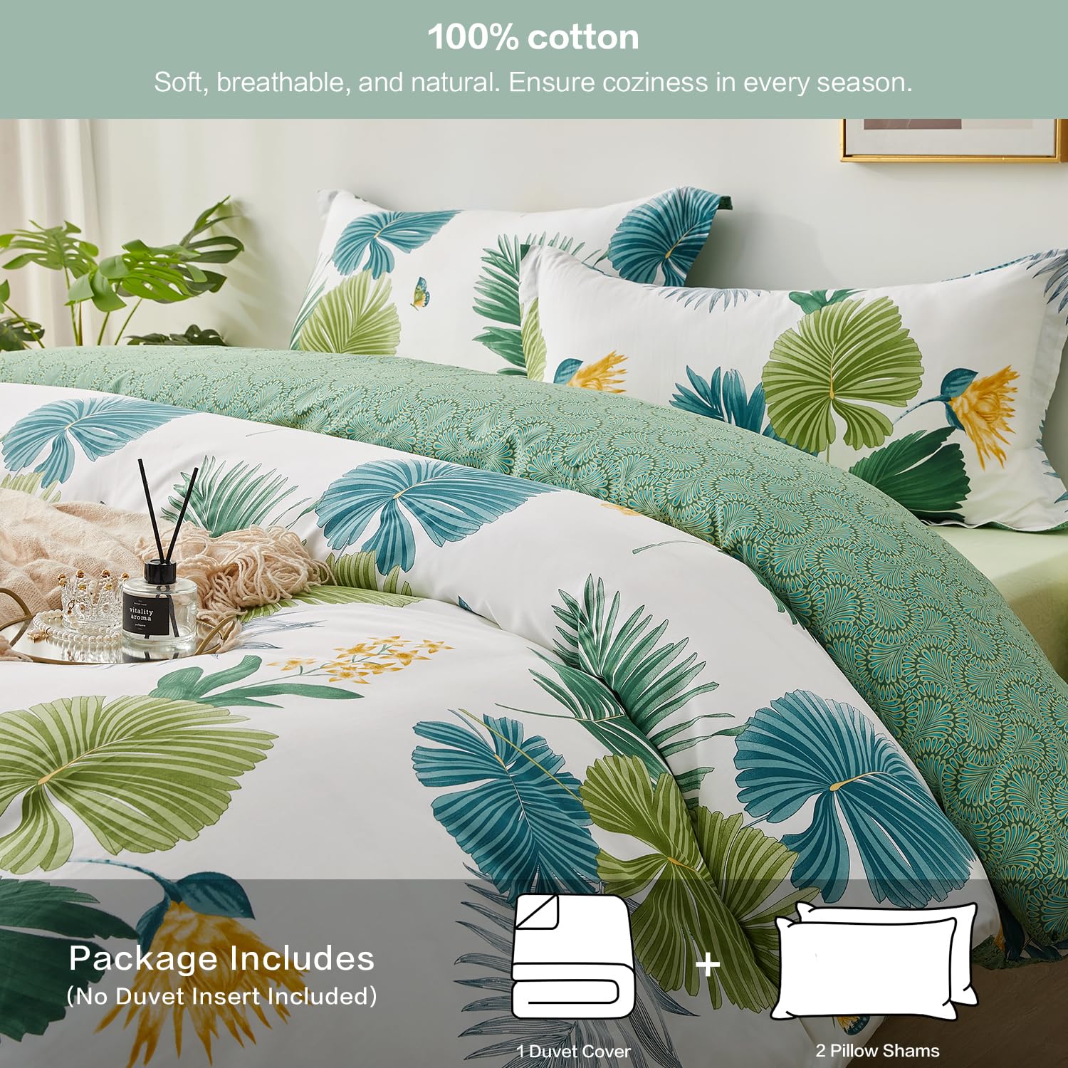 SAPHREAS Tropical Palm Leaves Full Size Duvet Cover Set 3pcs Botanical Monstera Leaf Bedding Comforter Cover Set 1 Duvet Cover 2 Pillow Shams, Comforter Not Included