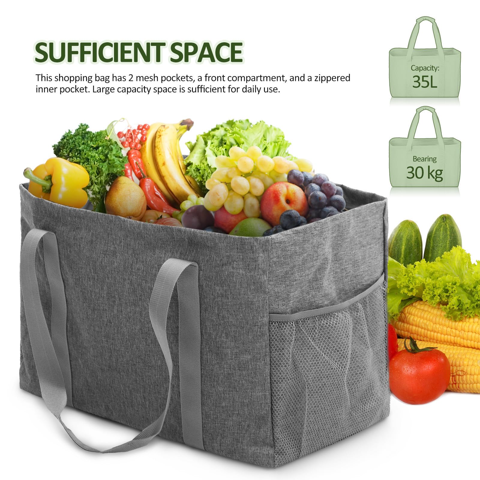 jojofuny Bolsa de Compras Plegable de Algodón Resistente y Reutilizable con Capacidad de 35l, Diseño con Dos Bolsillos de Malla y Asas Reforzadas para Uso Diario y Compras