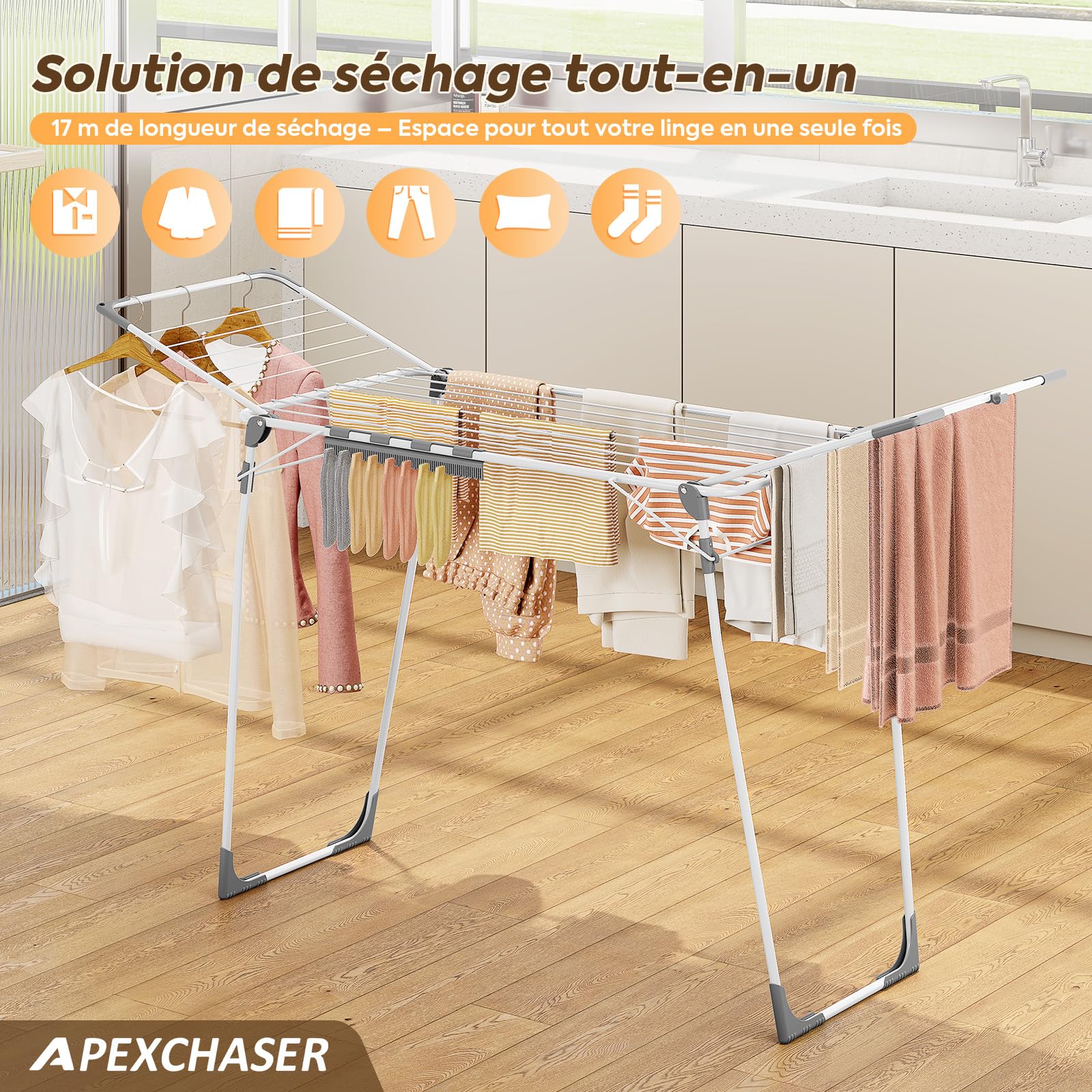 KINGBOARD Séchoir à linge pliable grand, étendoir à linge extensible 174x97x156 cm, Séchoir à linge stable avec pieds antidérapants, Séchoir à poser pliable pour l'intérieur et l'extérieur, Blanc