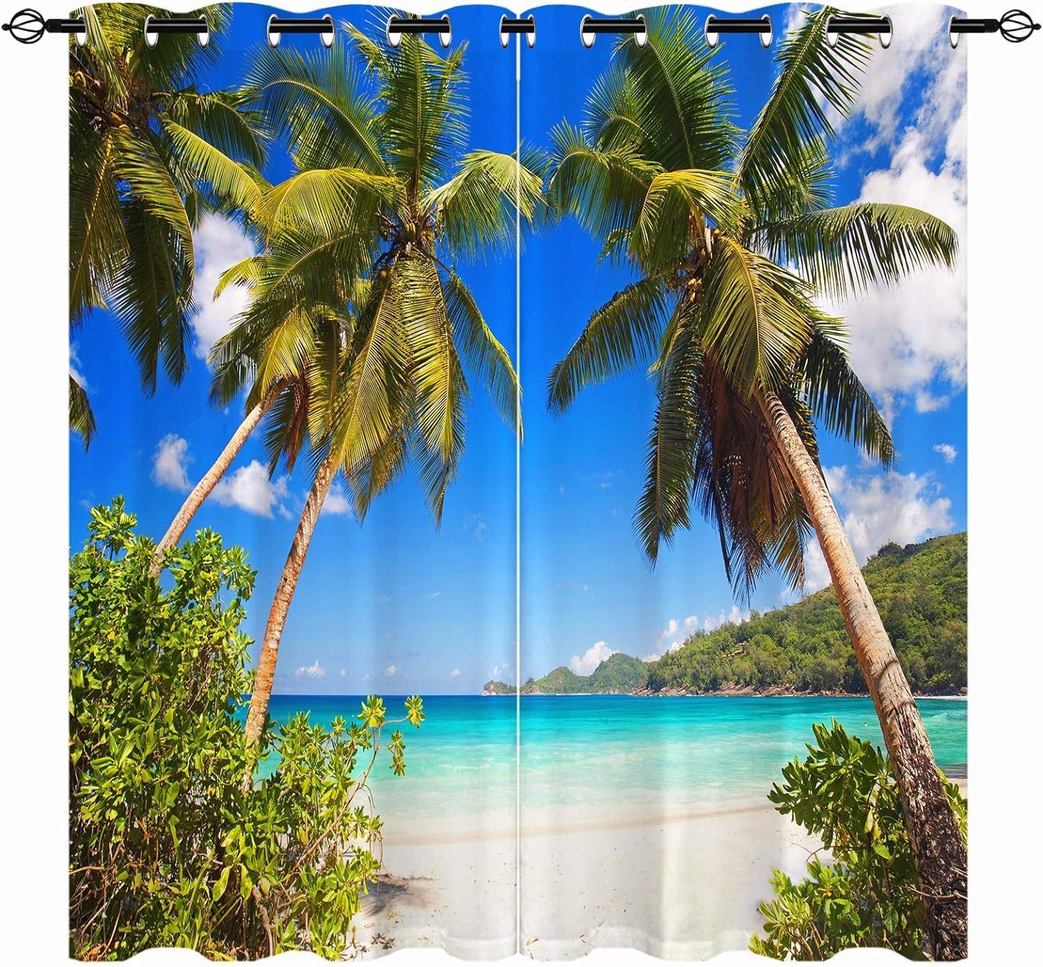 YUANZU Beach Scene Curtains W42 x L63 Inch Grommet Tropical Coastal Hawaiian Palm Trees Summer Ocean Pattern Waterproof Fabric Window Drapes for