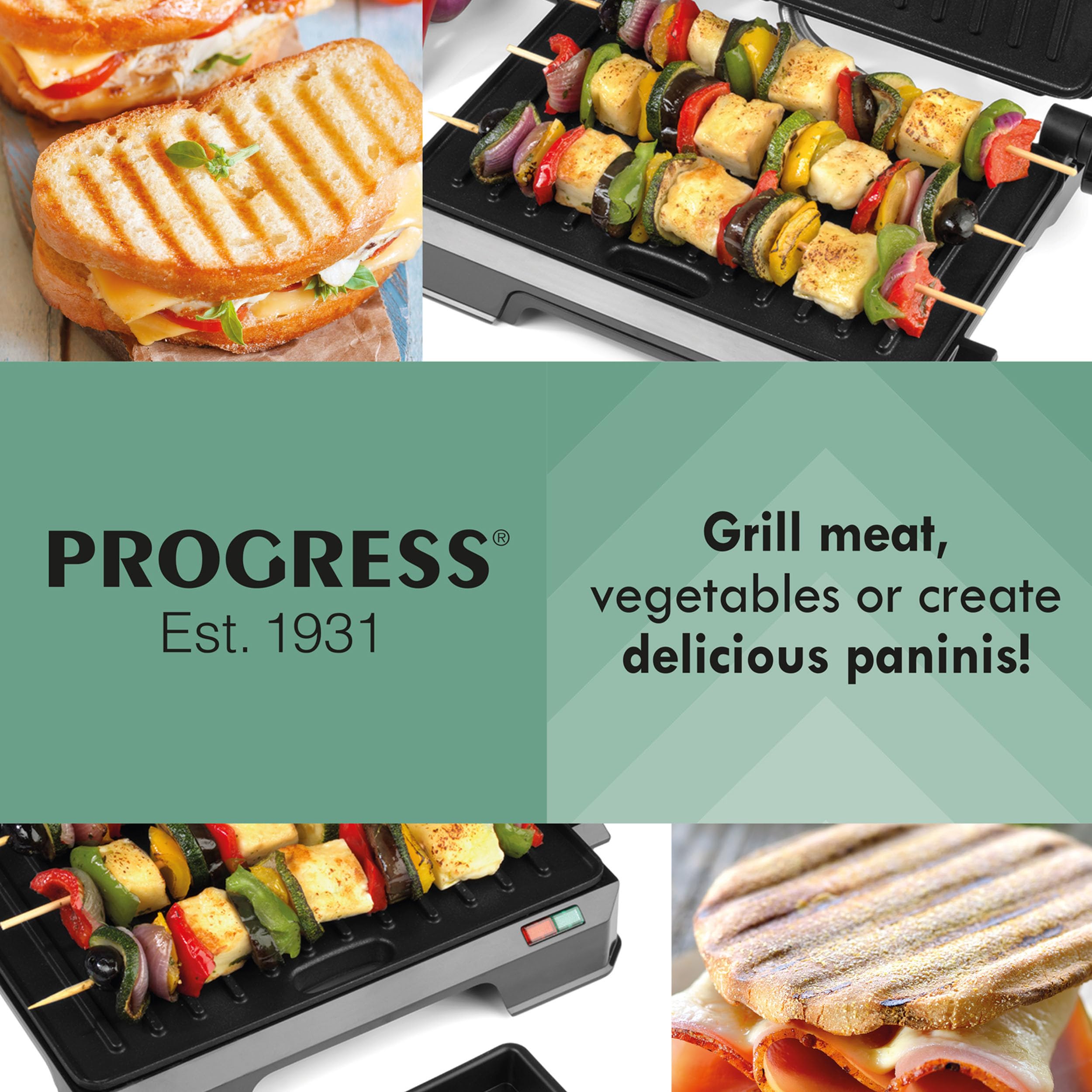 Progress EK5854P Grill elektryczny 2 w 1 – opiekacz do panini, nieprzywierajace plyty, dwie powierzchnie opiekania, bez oleju, wyjmowana tacka ociekowa, latwe czyszczenie, uchwyt Cool-Touch, 850 W