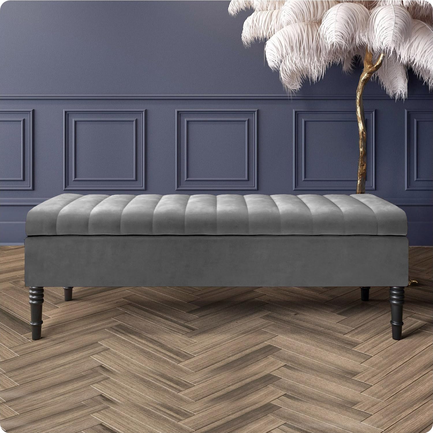 Safar Velvet Ottoman Storage Bench with Legs, Upholstered End of Bed Storage Bench, Large Ottoman Storage Box with Hinged Lid, Entryway Shoe Bench, Padded Storage Ottoman Seat for Living Room