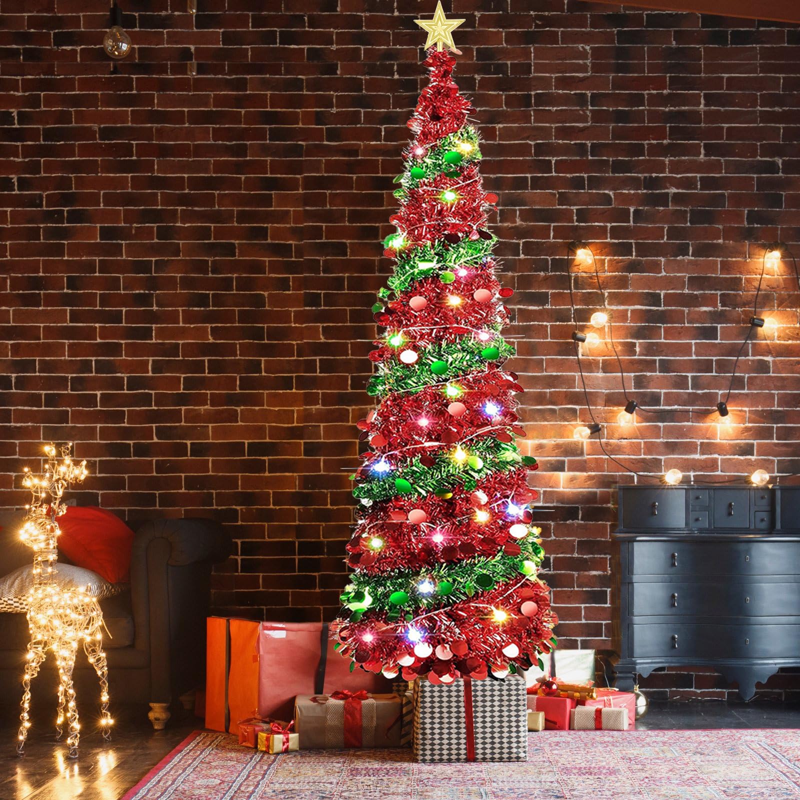 Árbol de Navidad con Luces, 152 cm Arbol de Navidad Plegable Arvore de Natal con Luz Arbols de Navidads Artificial con Soporte, Estrella Superior y 5 m de Luces de Hadas, Decoración Navideña (02)