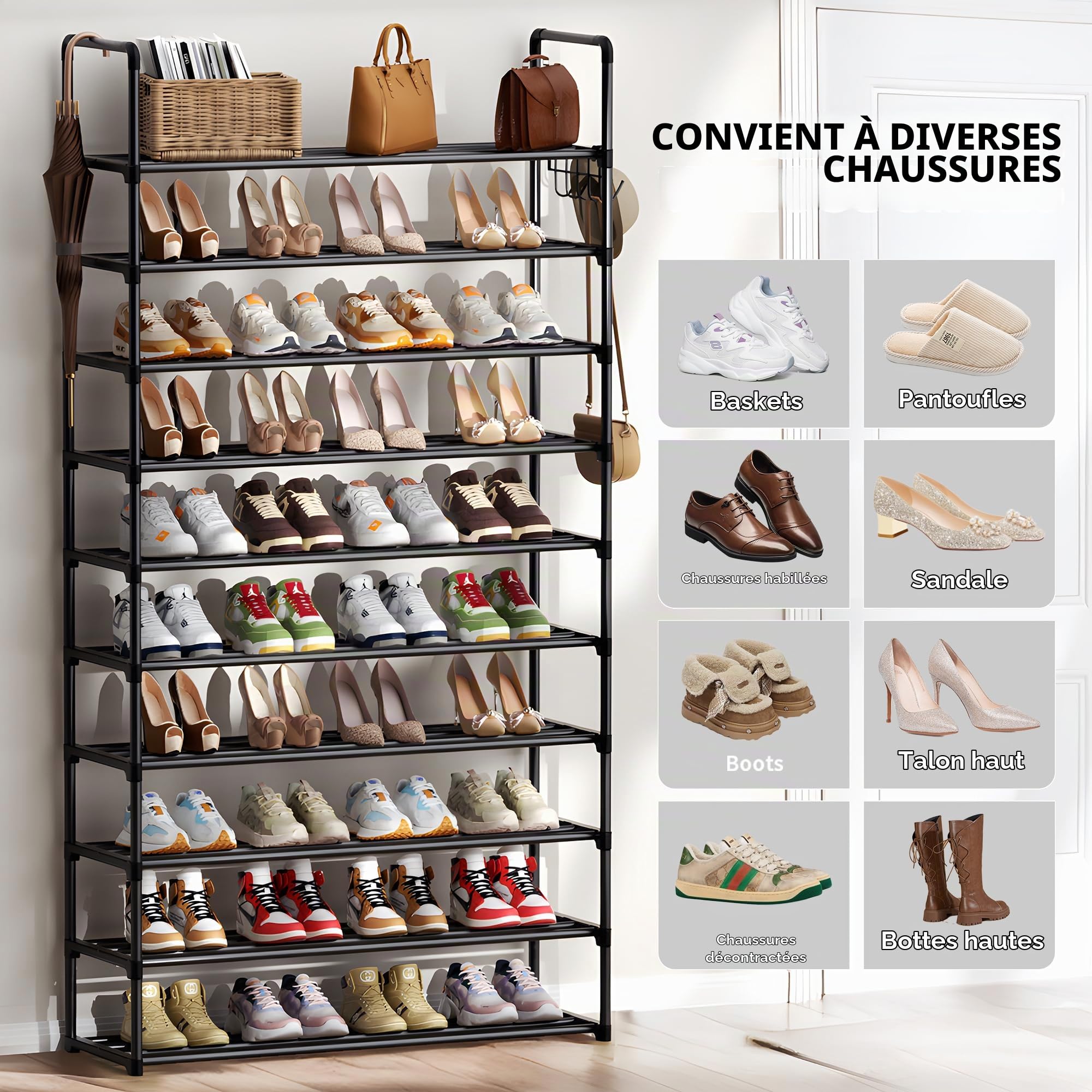 SPUSEN Étagère à chaussures en métal, 10 niveaux avec crochets, convient pour 40 à 45 paires de chaussures, étagère à chaussures haute en métal pour placard, entrée, garage, chambre, vestiaire