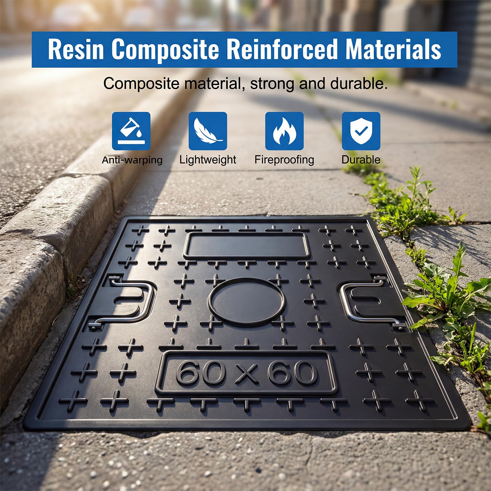 Maeklon 24"x24" Solid Square Septic Tank Lid and Base, 1.5T Load-Bearing Manhole Cover and Frame with Handles, Reinforced Manhole Cover for Yard Lawn Garden Pavement, Black - 4