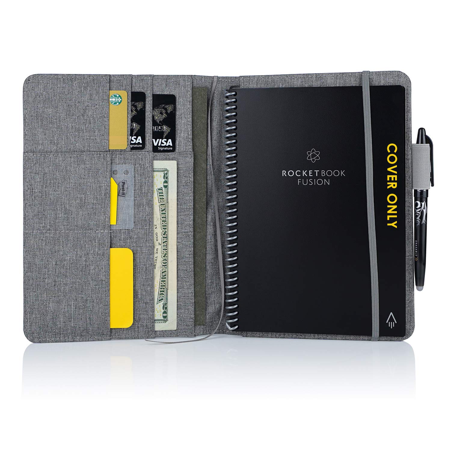 Folio Cover for Rocketbook Fusion, Everlast, Wave, One Executive Size, Waterproof Fabric, Multi Organizer with Pen Loop, Business Card Holder, Ultra Slim, fits A5 Size Notebook, 9.4 x 6.3 inch, Gray
