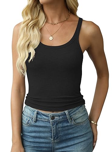 Artfish Women's Spaghetti Strap Ribbed Tank Top Fitted Workout Racerback
