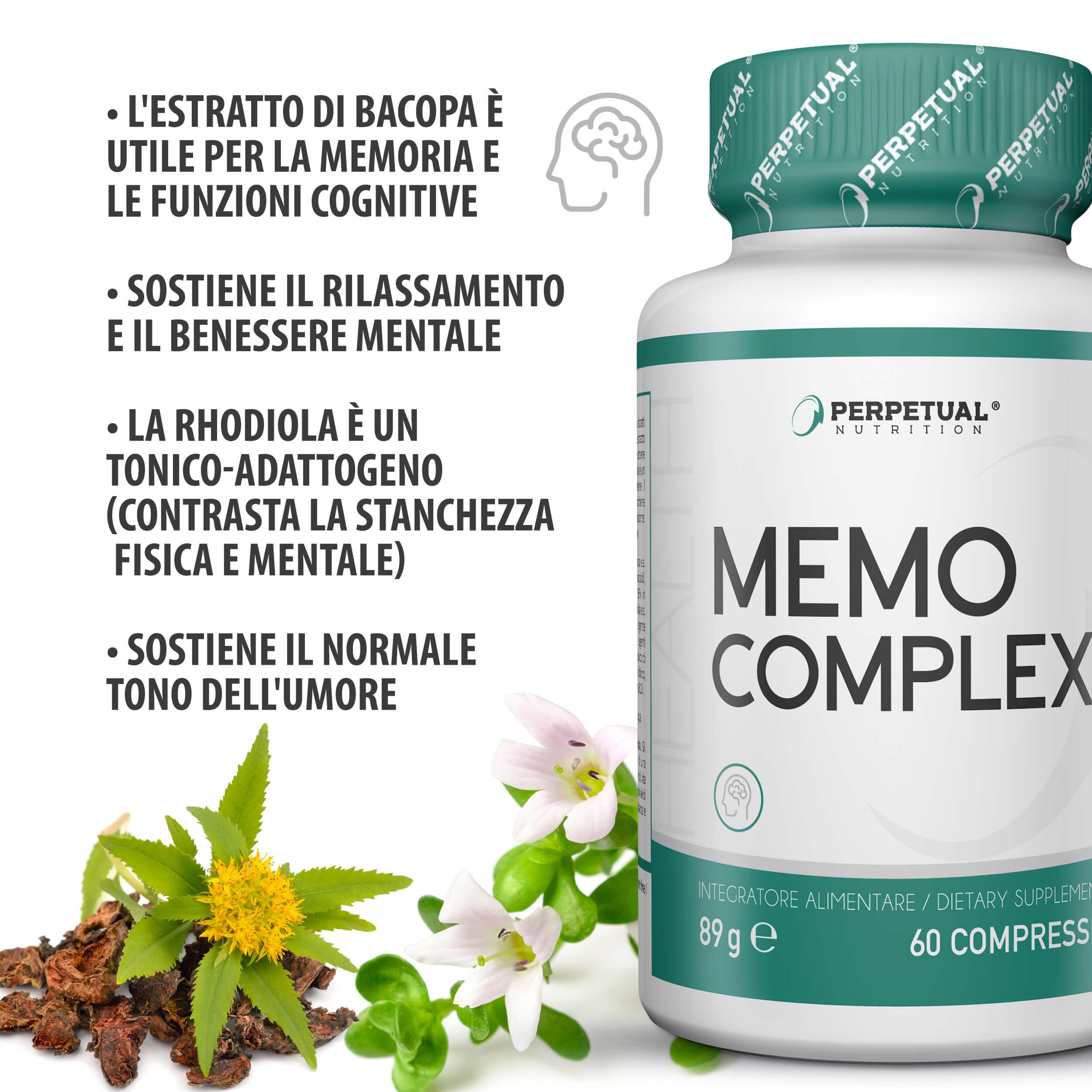 Integratore nootropico per la memoria. Con rodiola, citicolina e bacopa. Utile per memoria, buon umore, rilassamento e benessere mentale. Nootropico per memoria, concentrazione e funzioni cognitive.