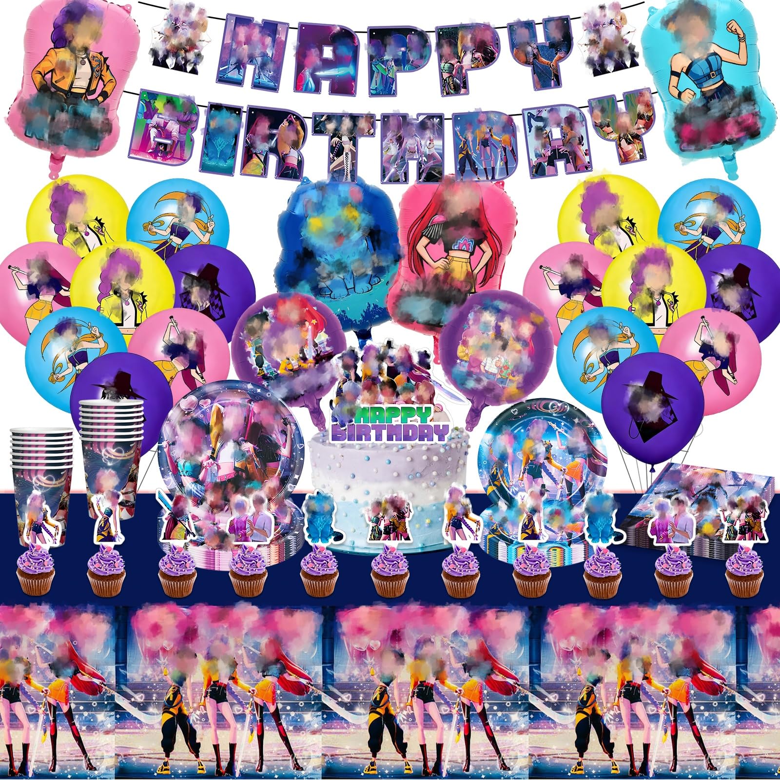 Birthday Decoration Set, 87 Pieces Anime Birthday Decorations with Balloons, Foil Balloons, Cupcake Toppers, Napkins, Plates, Tablecloth for Birthday Party Decoration