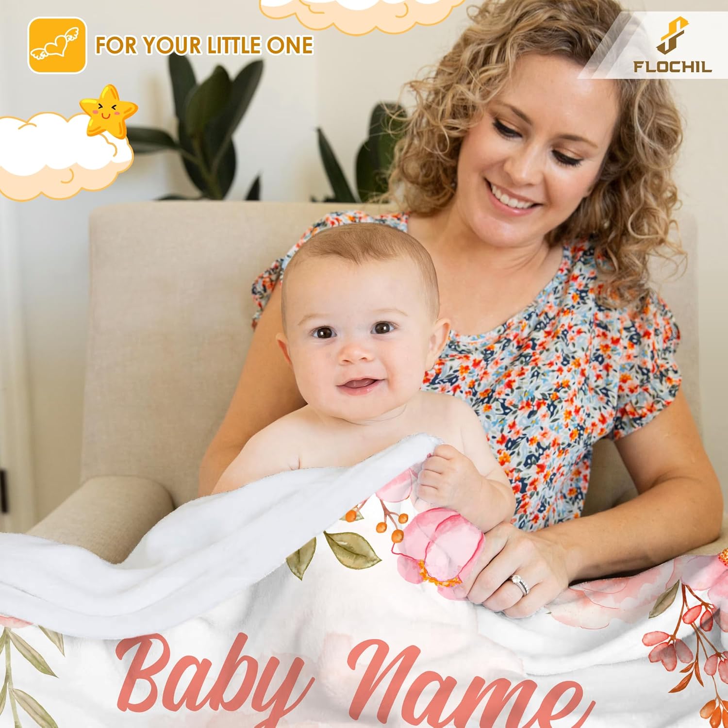 FLOCHIL Personalized Baby Blanket for Girls, Custom Baby Blanket with Name, Customized Woodland Baby Blanket, Gift for Baby Shower, Toddler, Babies, Newborn
