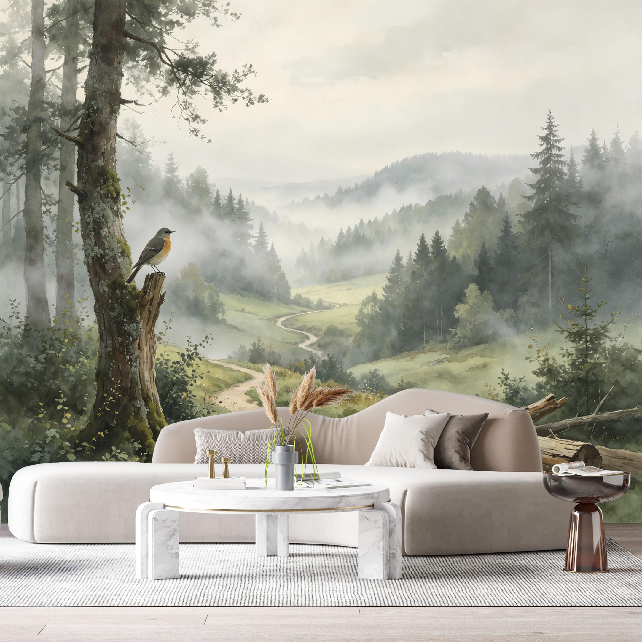 Custom Size Wall Murals Misty Forest Landscape Watercolor Painting Bird Tree Trail SelfAdhesive Wall Fabric Removable Large Wallpaper for Photo Living Room Interior Decor