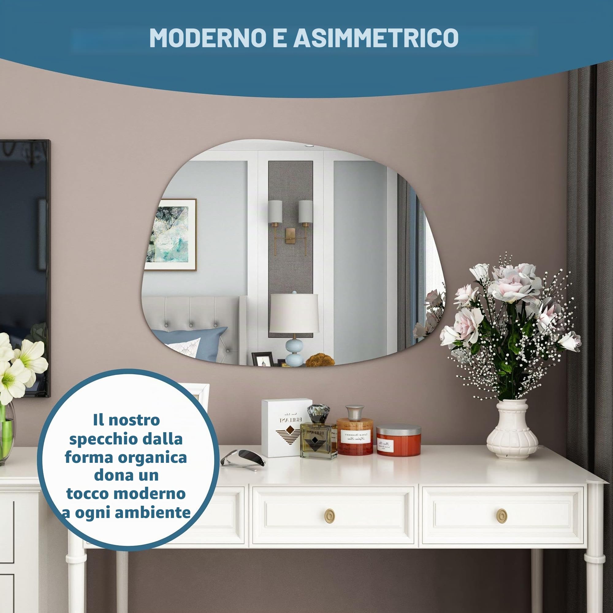 Albatros - Specchio di design asimmetrico, 90 x 70 cm, specchio da parete o da porta, forma organica moderna, specchio ovale e grande, asimmetrico sformato e senza cornice, Mirror Wall
