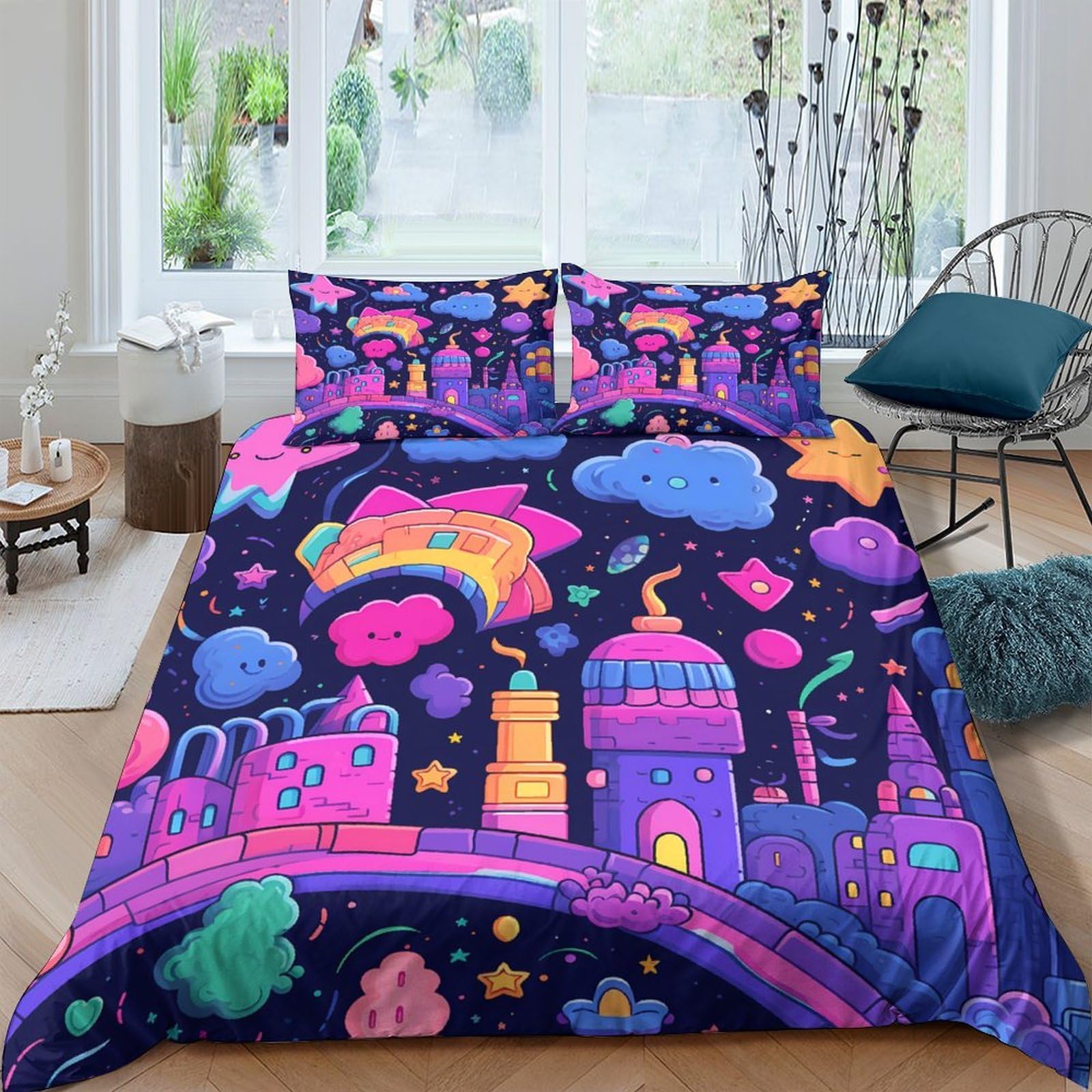 Ctjqhvkz Style-7 3D Printed Fantasy Night Sky Fitted Sheet Microfiber Soft Colorful Castle Mattress Cover For Bedroom Guest Room Single（135X200cm）