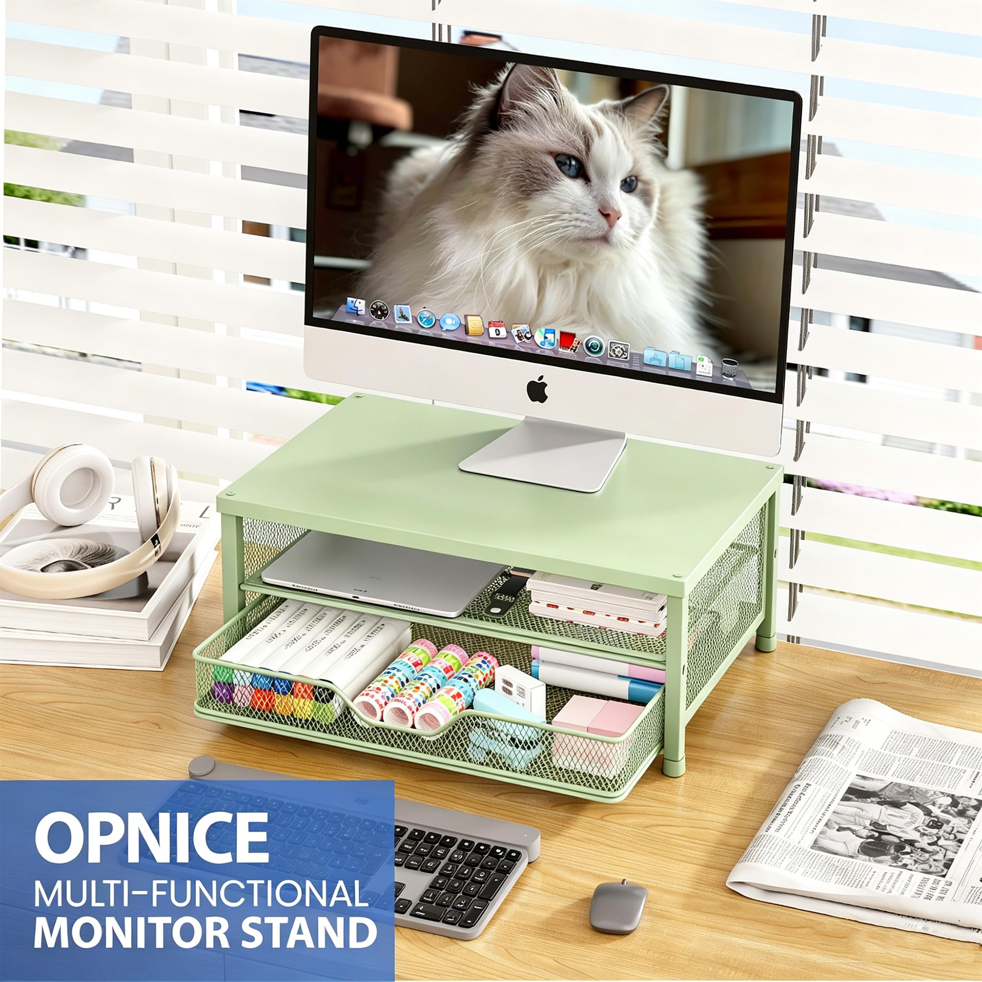 OPNICE Computer-Monitorständer, Schreibtisch-Organizer mit Schublade, Drucker- und Laptop-Ständer, Büro-Schreibtischzubehör und Arbeitsplatz, Schreibtisch-Organizer, Aufbewahrung für Bürobedarf (grün)