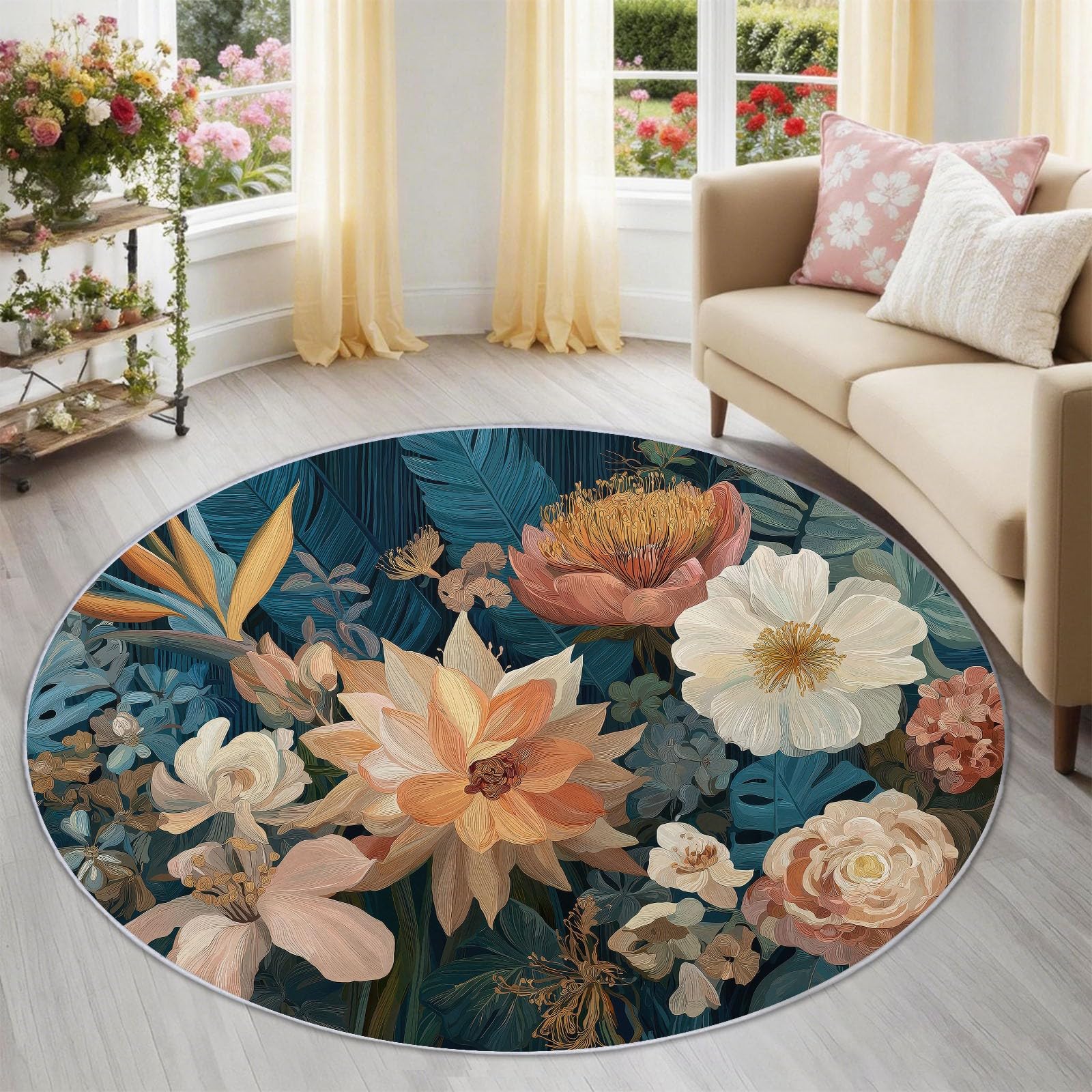 Tapis rond 180 cm sarcelle foncé floral chic pour chambre adulte