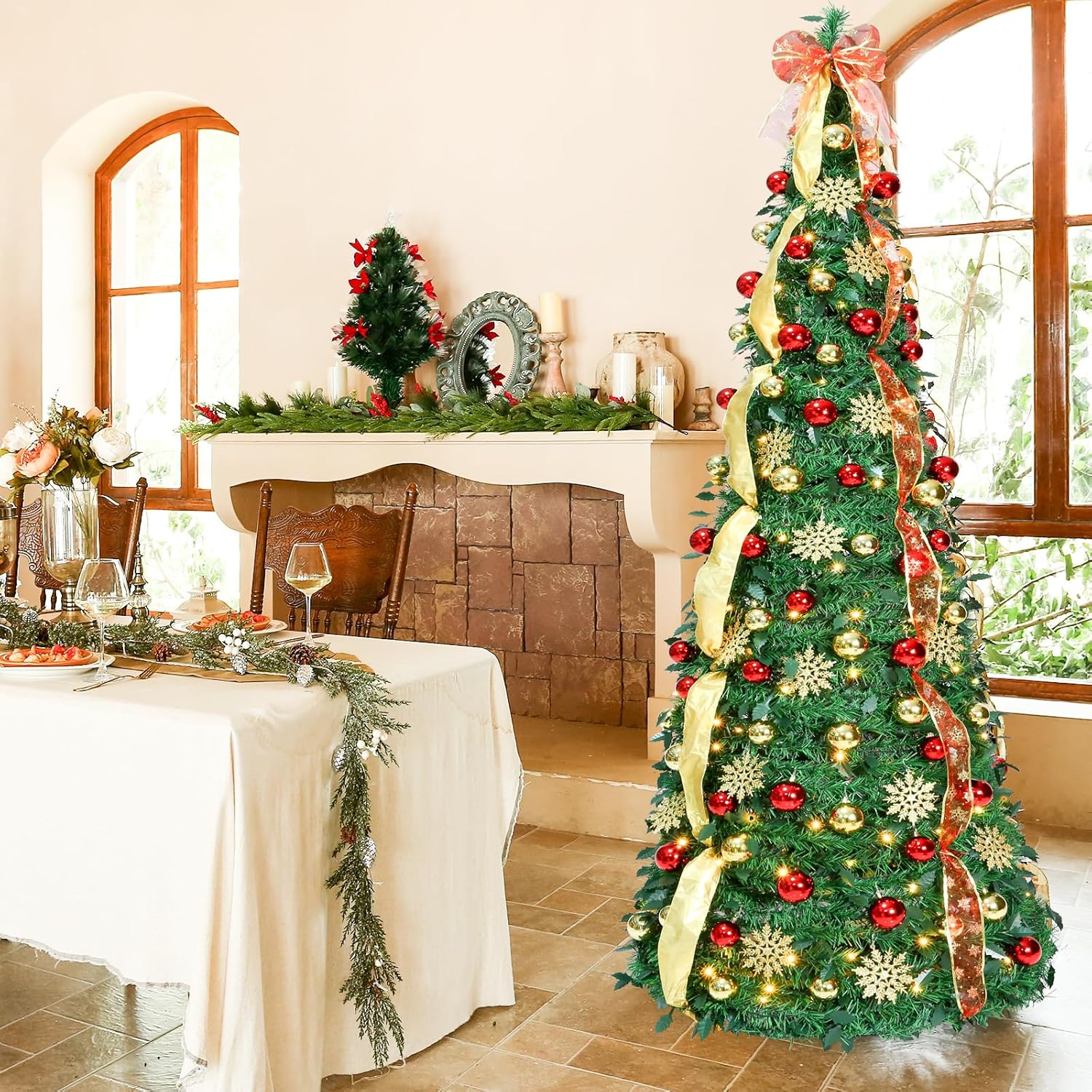 JOYHALO 7ft Decorated Pop Up Christmas Tree with Lights 200 Warm White, Folding Collapsible, Portable Tree for Home, Office, Apartment Xmas Holiday Party Decor, Golden