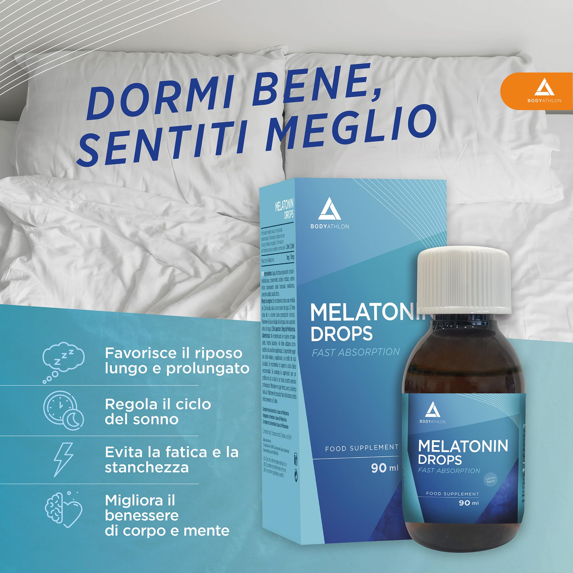 Melatonina pura in gocce 90ml |Melatonina bambini e adulti per Dormire Meglio |Aiuta con l’insonnia| Gocce per dormire effetto rapido e duraturo |Aroma limone| Vegano| BODYATHLON