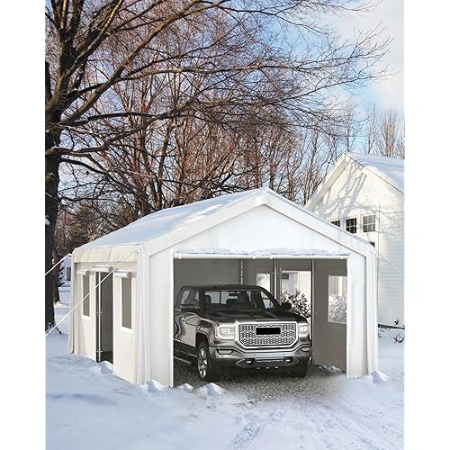 10X20 FT Carport,Heavy-Duty Carport with 4 Roll-Up Windows & Doors, Portable Garage 200g PE Tarp, Waterproof & UV Protected Outdoor Shelter for Car, Boat, Truck, Motorcycle