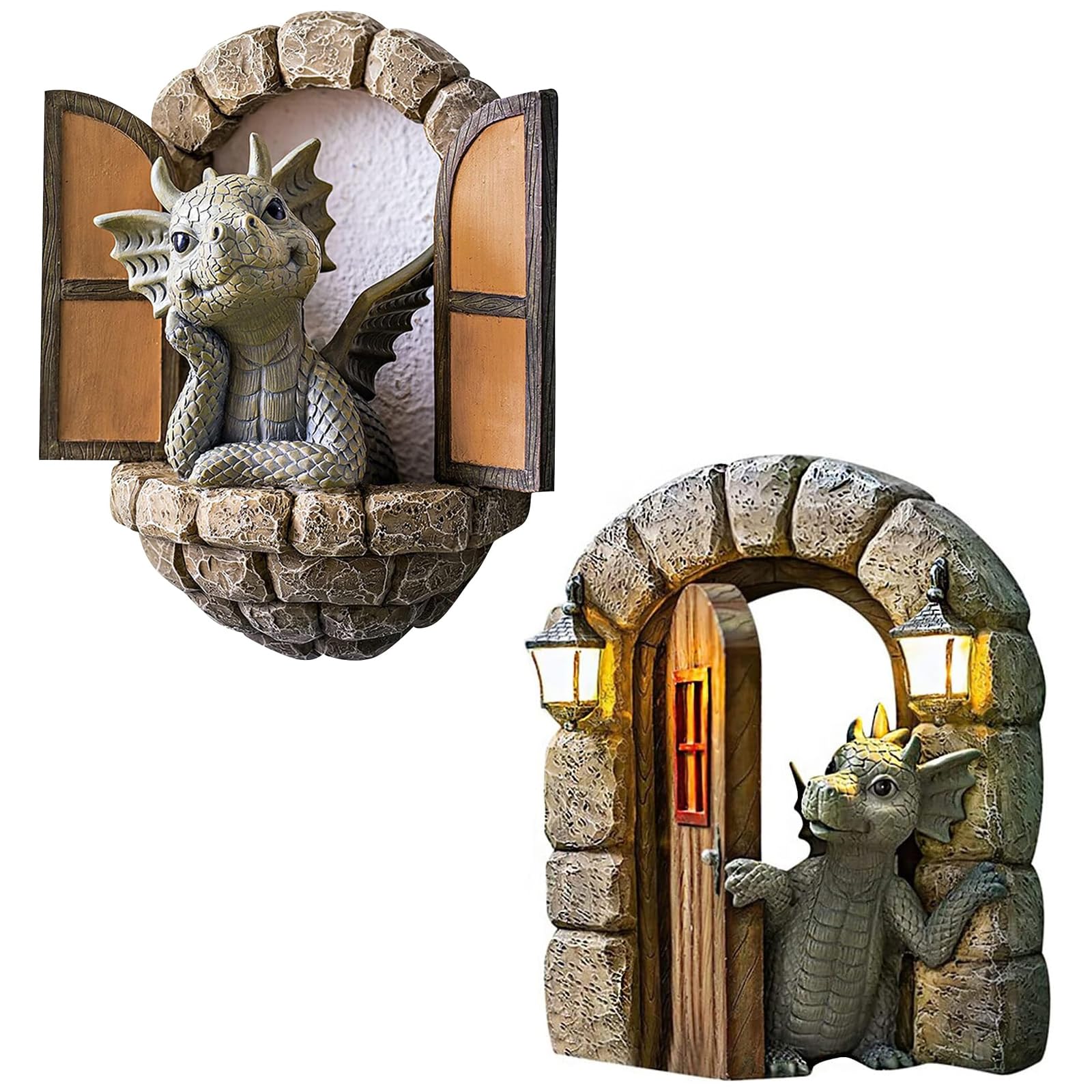 Lumeclat Set de 2 esculturas de dragones para jardín y balcón - Figura decorativa de resina, Dragón de la puerta, adorno para pared y árbol, dragón meditando, ideal para terraza, patio y exteriores