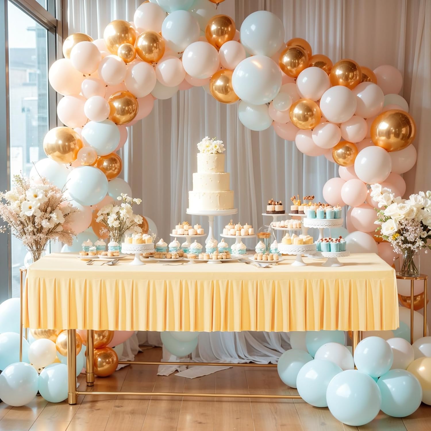 Wish Care 2 Pack Champagne Spandex Table Clothes for 6 Foot Rectangle Tables Wrinkle Free Stretch Fitted Tablecloths 6ft Pleated Ruffle Elastic Table Cover Skirt for Wedding Birthday Banquet Party