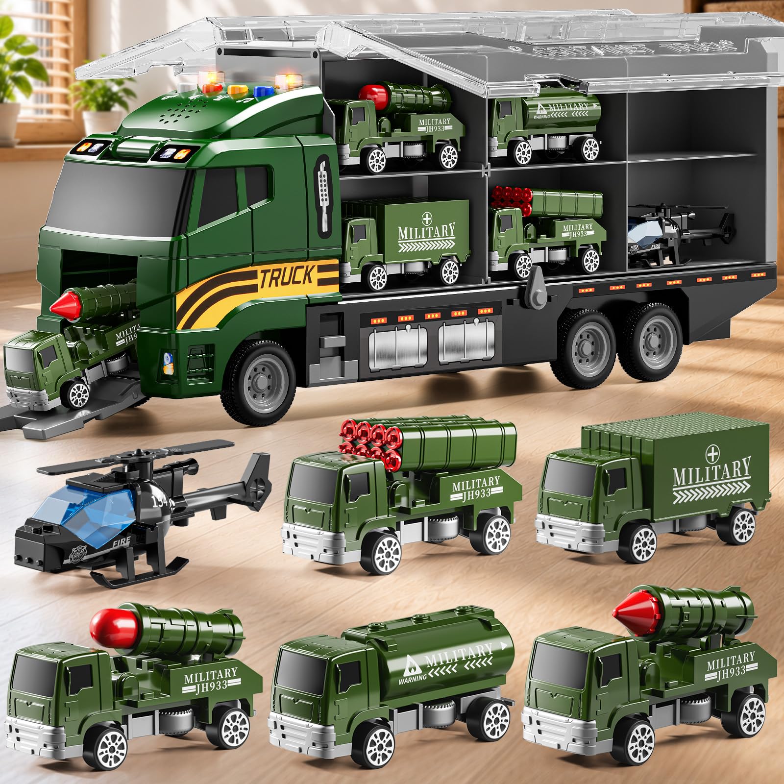 XINNOVEL Carrier Truck Toddlers Toys for 3 4 5 6 7 Years Old Boys, Toy Truck Transport Car & Die-Cast Car and Play Mat, Military Toys Birthday Gifts for Kids 3 4 5 6 7 8+ Years Old Boys Girls