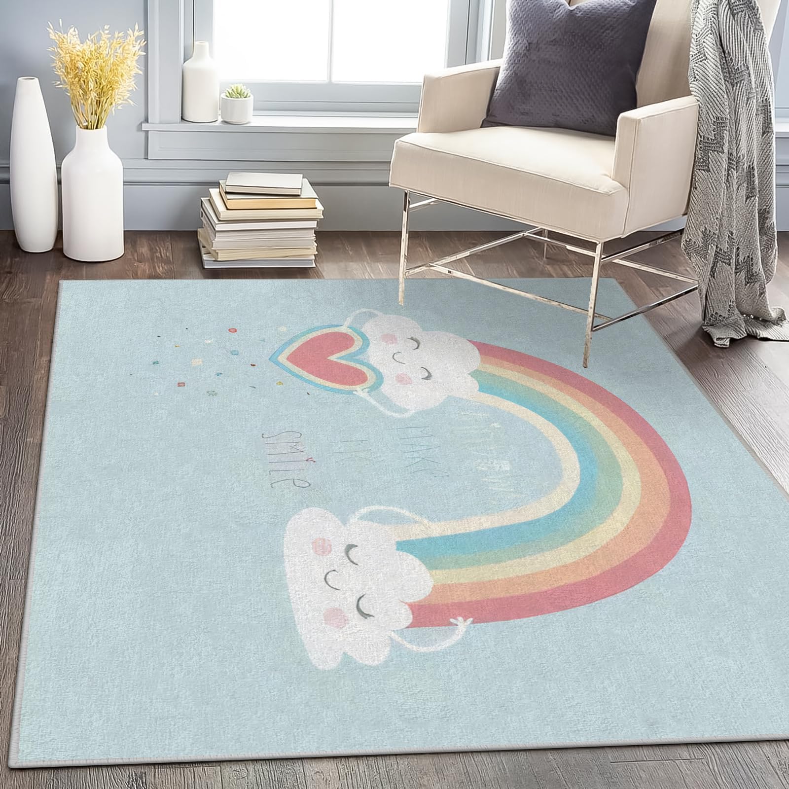 Tappeto Camera da Letto Arcobaleno 100x120 Pelo Corto Morbidi, Tappeti Salotto Nuvola Lavabile Lavatrice, Tappeto Scendiletto per Cameretta Ragazza Stanza