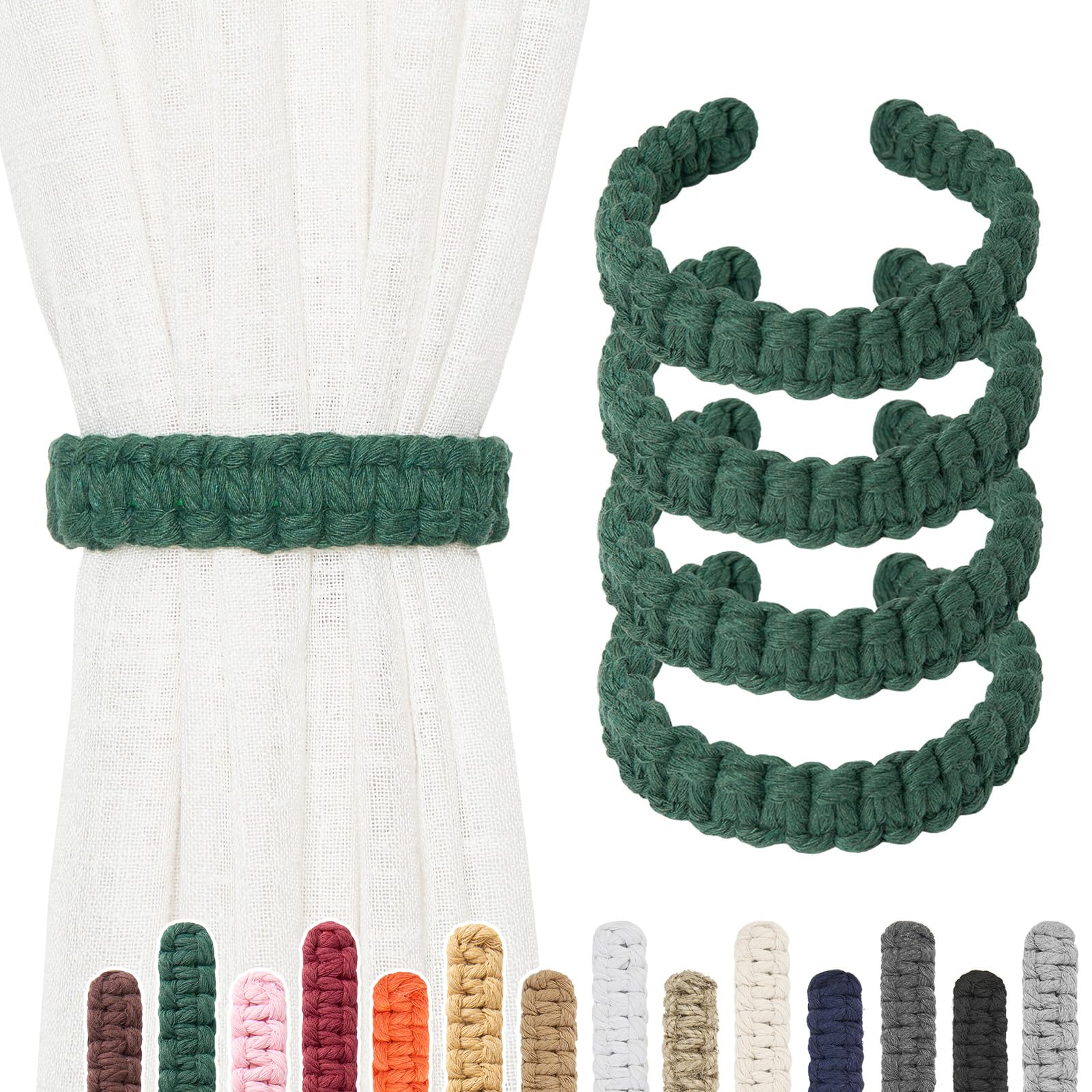 Pretty Jolly 4 Pack Natural Cotton Rope Curtain Tiebacks Farmhouse Rustic Style Decorative Drape Tie Backs Handmade Braided Curtain Holdbacks for Home Sheer/Light Weight Drapery (C-Dark Green-S)