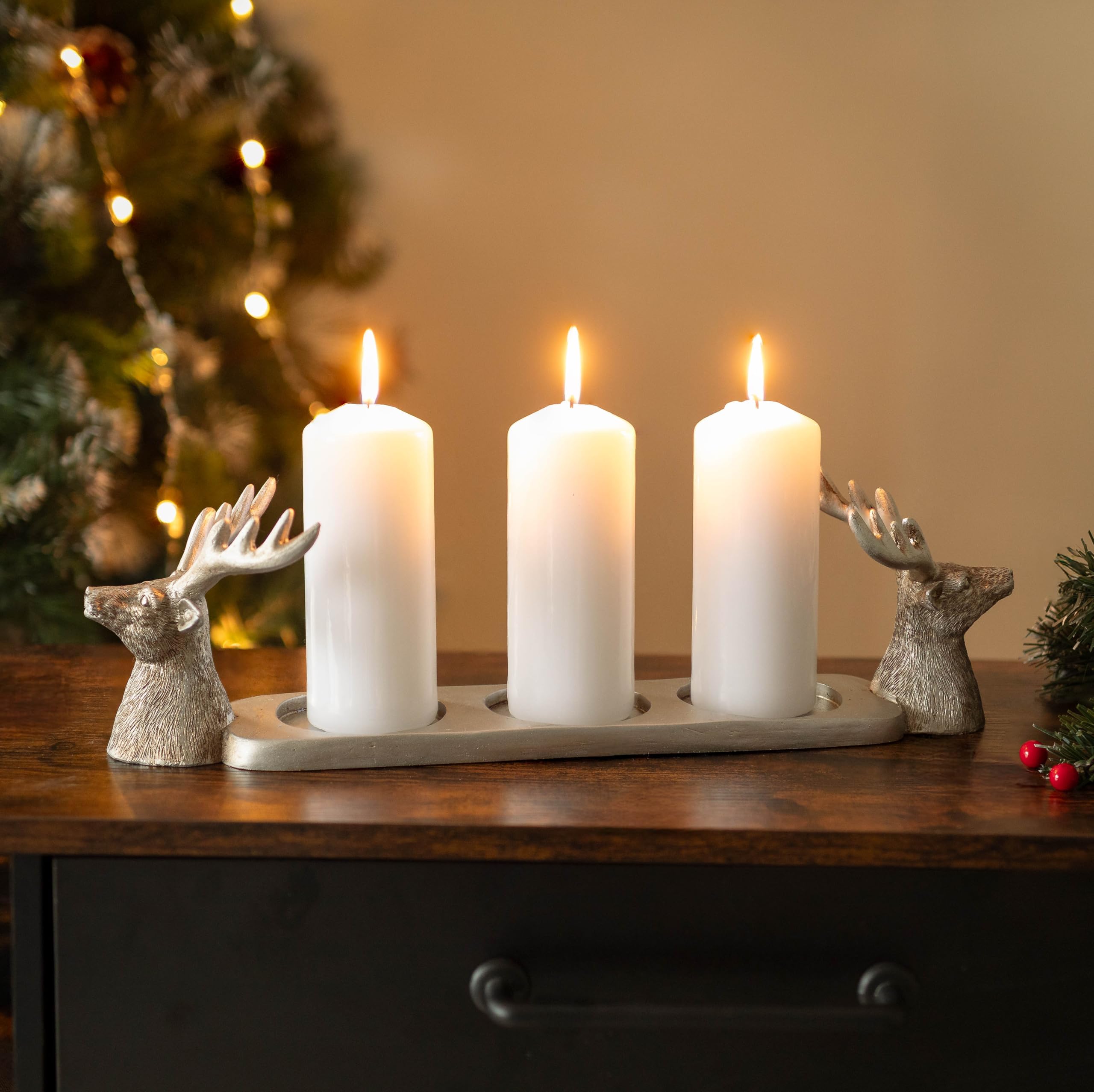 Marco Paul Large Silver Stag Candle Holder - 43cm Luxury Resin Christmas Candle Holder For Pillar Candles - Reindeer Xmas Decorations for Christmas Decor, Xmas Table Centrepiece & Mantlepiece Decor