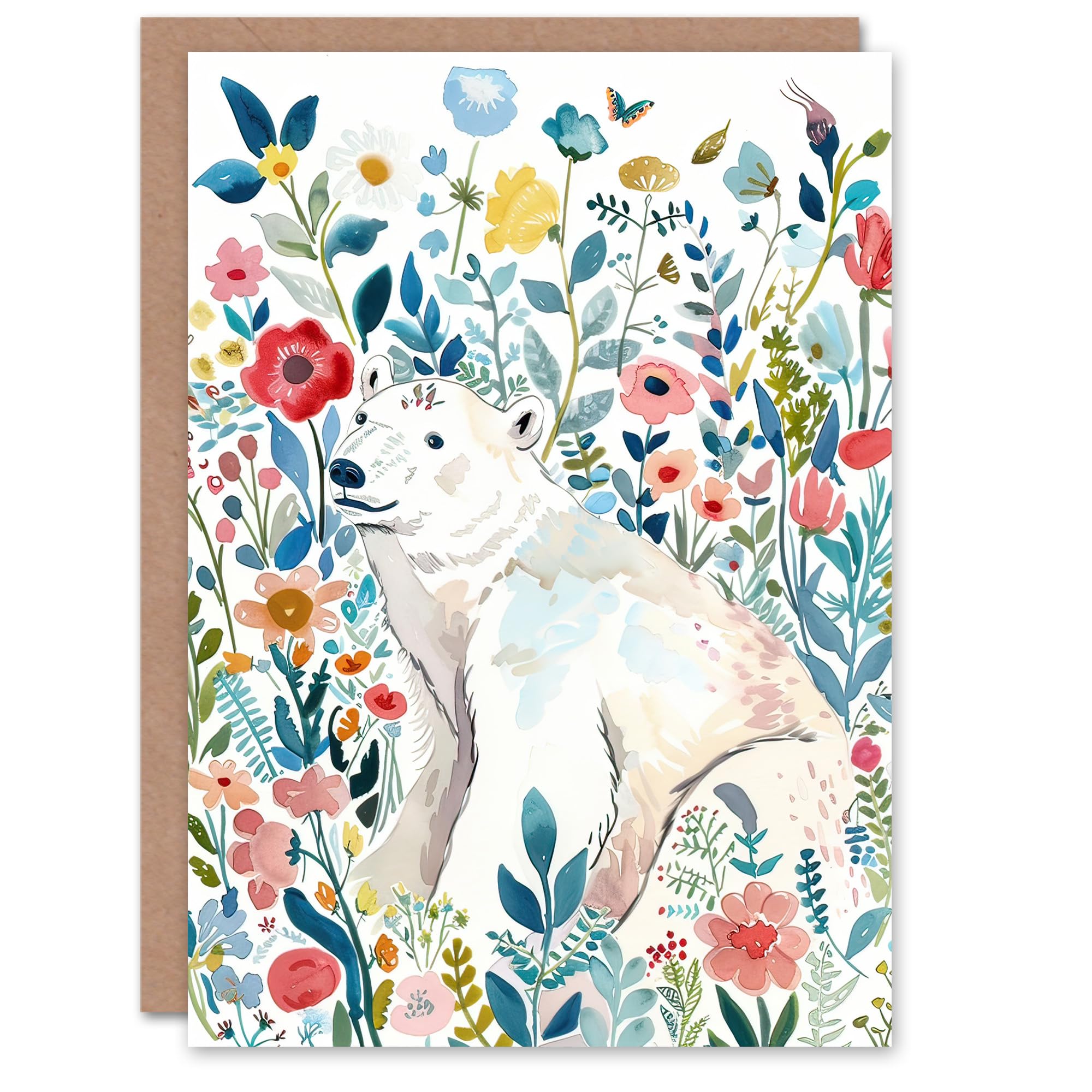Artery8 Greeting Card Polar Bear Basking Wildflower Field Watercolour For Her Woman Birthday Card
