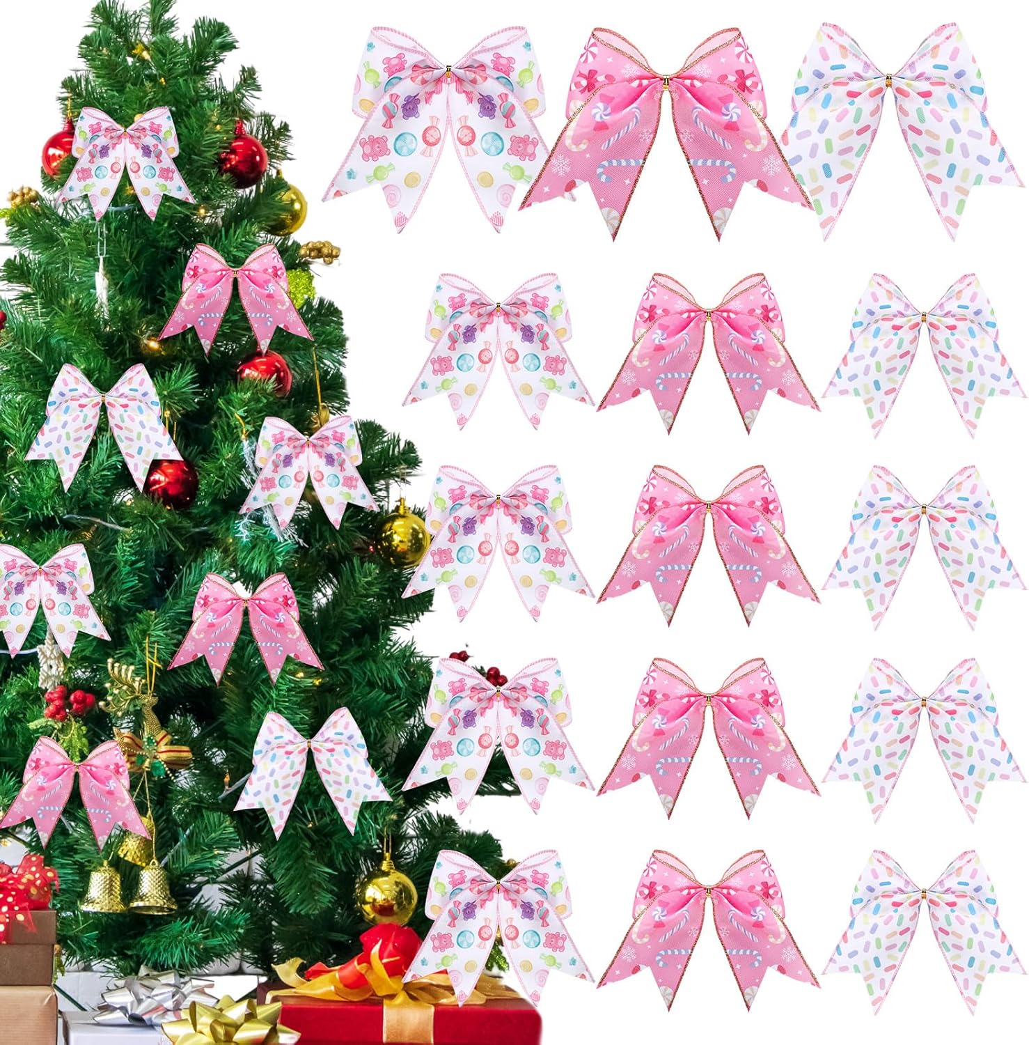 12 Pcs Candy Christmas Bows for Tree 6 Inch Large Pastel Christmas Ribbon Bows Decor Pink Wreaths Ornaments Gift Wrapping for Holiday Party Crafts Home Fireplace Front Door