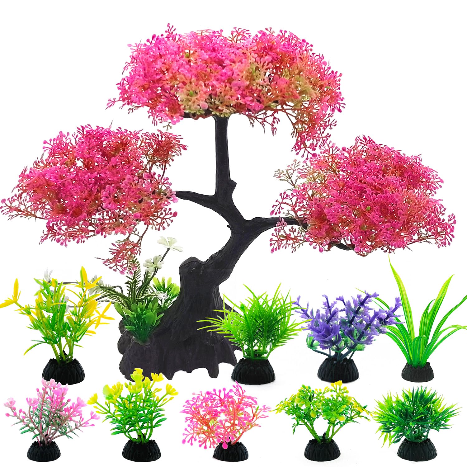 SLOCME Set di Decorazioni per Acquario Albero di Ciliegio Rosa 10 Pezzi Piante Artificiali in Plastica