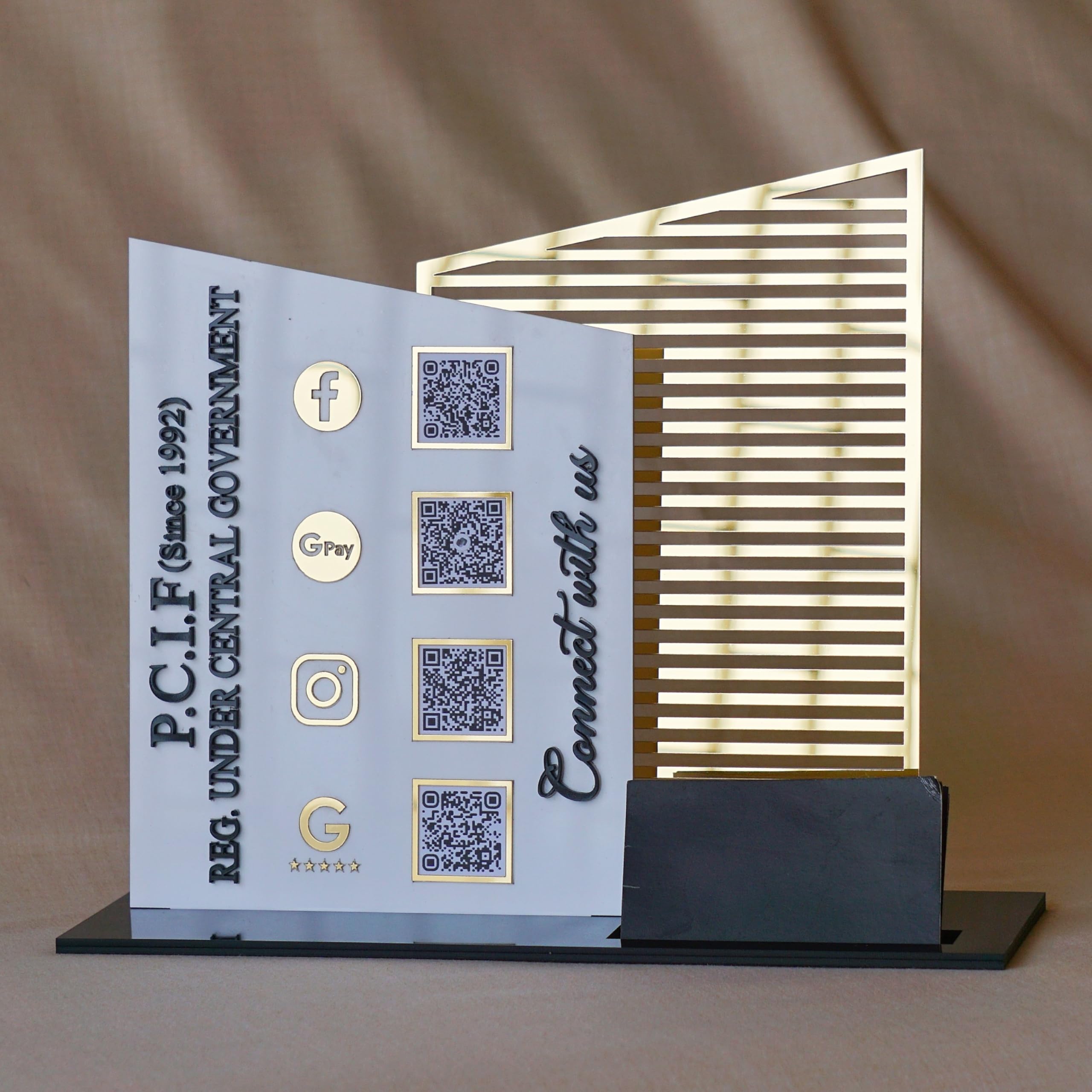 QalbAcrylic QR Code Scanner with Visiting Card Holder | Social Media Scanner | QR Code On Acrylic | 3D Logo & Letters | (Golden & White, 8 by 10 Inches)