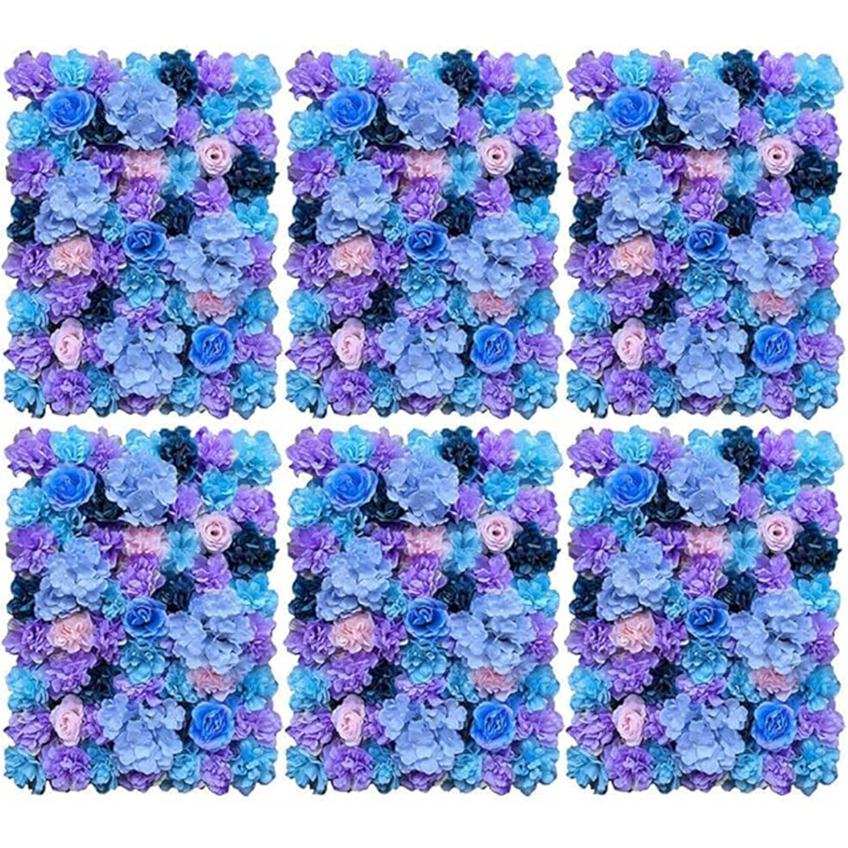 GOUZIBHD 6PCS Artificial Flower Wall Panels 3D Rose Wall Mat,Faux Flower Wall Mat for Photo Background Home Wedding Party,Silk Flower Panels,Floral Wall Panel(Color:Blue + Purple)