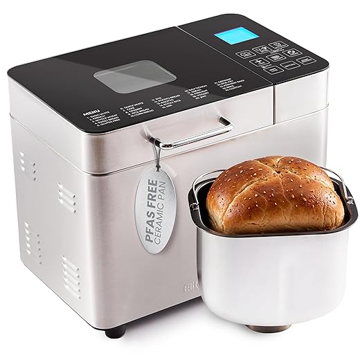 Elite Gourmet EBM8224MM Programmable 2 Lb. Bread Maker, PFAS free Ceralast™ Ceramic Pan, Touch Screen Control Panel, 19-Functions, Gluten Free, White, Wheat, Rye & more, 3 Loaf Sizes, Stainless Steel