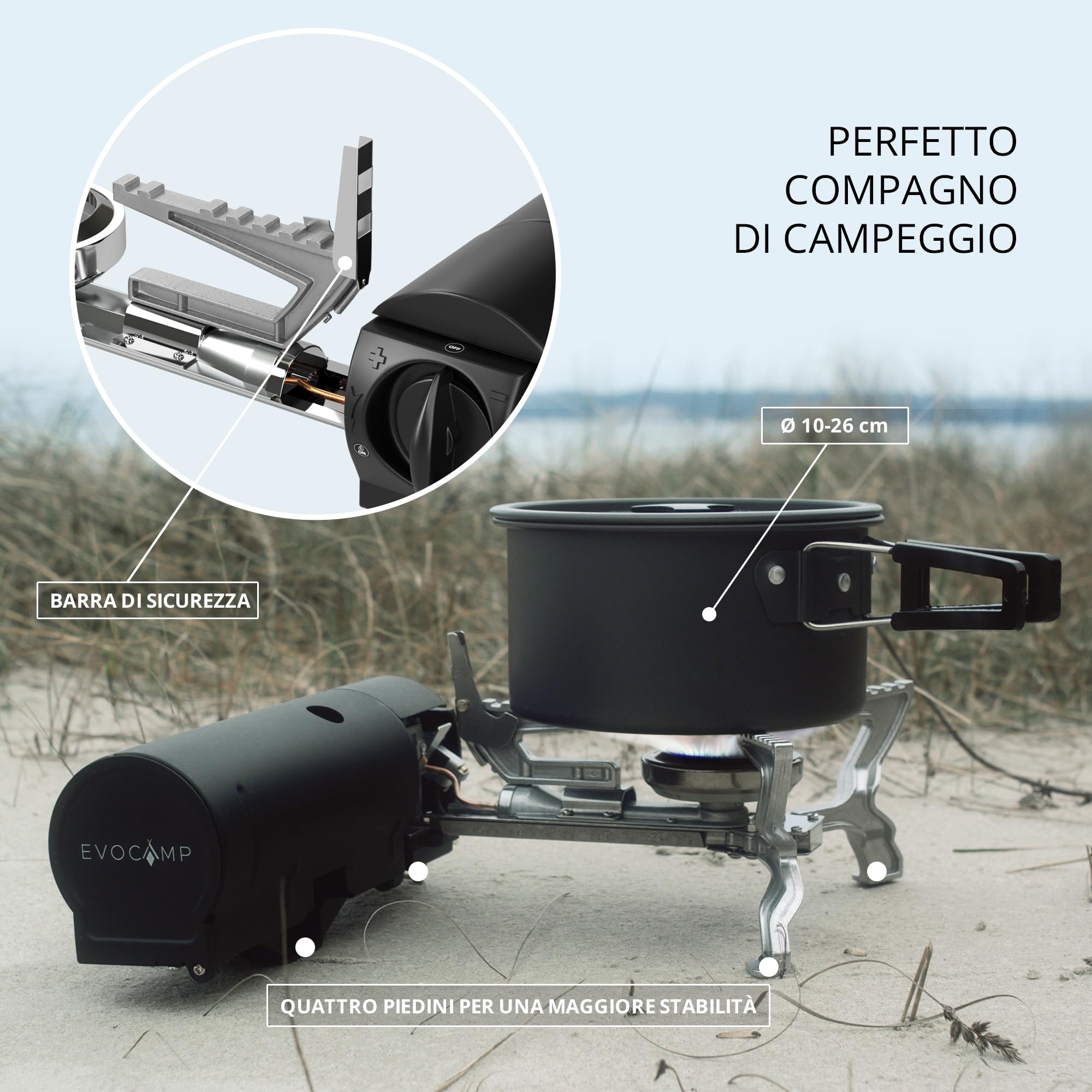 EVOCAMP Fornello da campeggio compatibile con cartucce a gas MSF-1a 227 g, fornello a gas da campeggio pieghevole con borsa per il trasporto, fornello da campeggio pieghevole con accensione