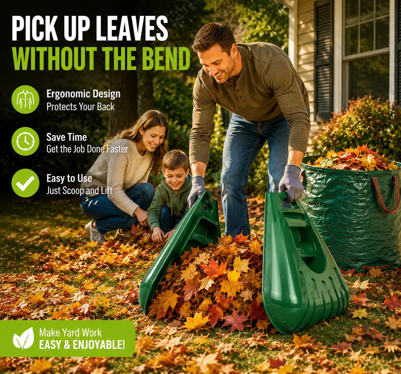 Gardenised Sac à feuilles pliable et robuste de 280 litres avec poignée et pelle robuste pour feuilles – Râteau portable pour couper l'herbe de cour, ramasse-débris de jardin pour l'entretien de la