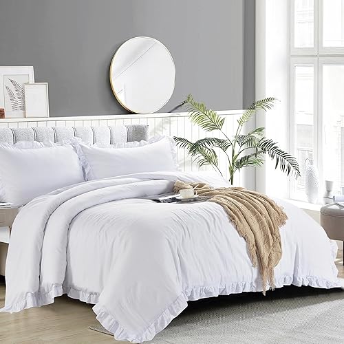 Miniatura 7 de Tyfitb Juego de funda de edredón 100% algodón lavado, 2 piezas de textura de lino suave, cómodo, transpirable, con cierre de botón y flecos con