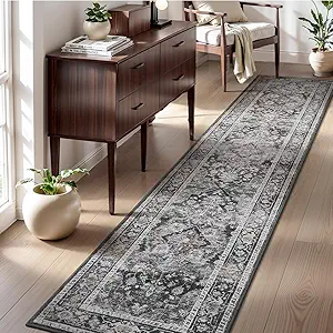 AMOAMI-2X10 Runner Rug-Washable Runners for Hallways-Soft Non Slip Bedside Rugs for Bedroom-Vintage Long Rug for Hallways Entryway Laundry Room Stair Kitchen Bathroom Dark Grey & Black