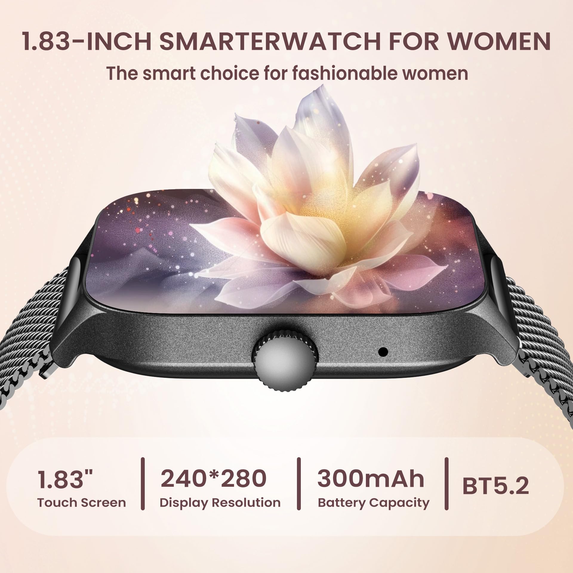 Orologio Smartwatch Donna Fitness Watch: Orologi con Chiamate Pressione Sanguigna Contapassi Impermeabile Polso Sport Tracker Bluetooth Calorie Messaggi 1,83" Quadrato Touch per Android iOS Telefono