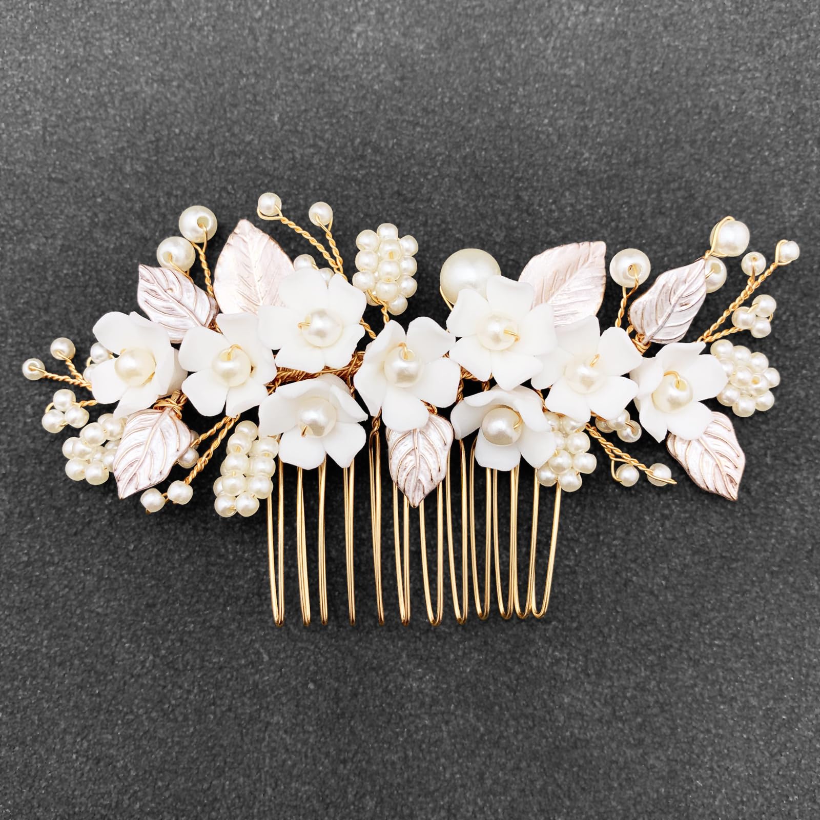 Bridal White Hair Comb Pearl Leaf Ceramic Flower Hair Pin Piece Accessories for Wedding Women